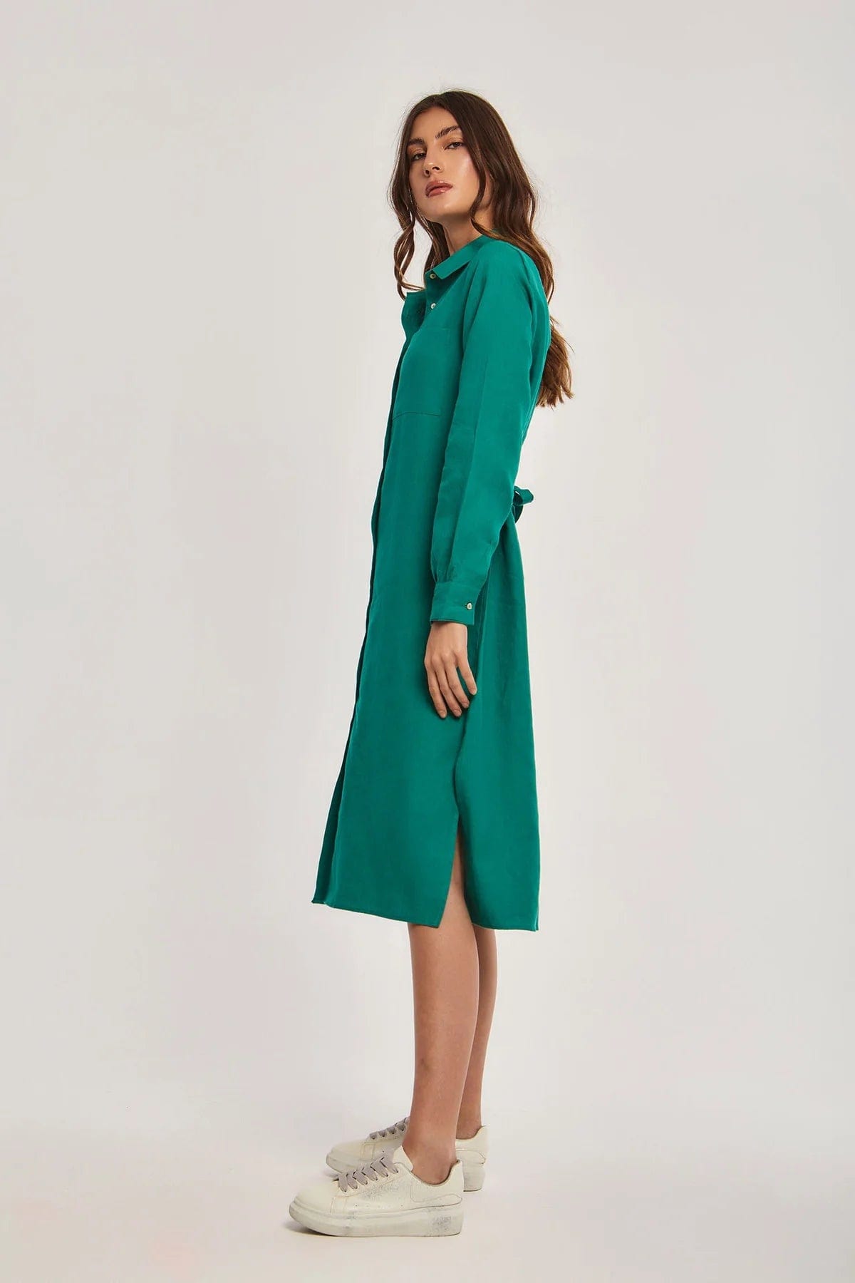 داليدرس فستان ميدي بأزرار أمامية كم طويل نسائي