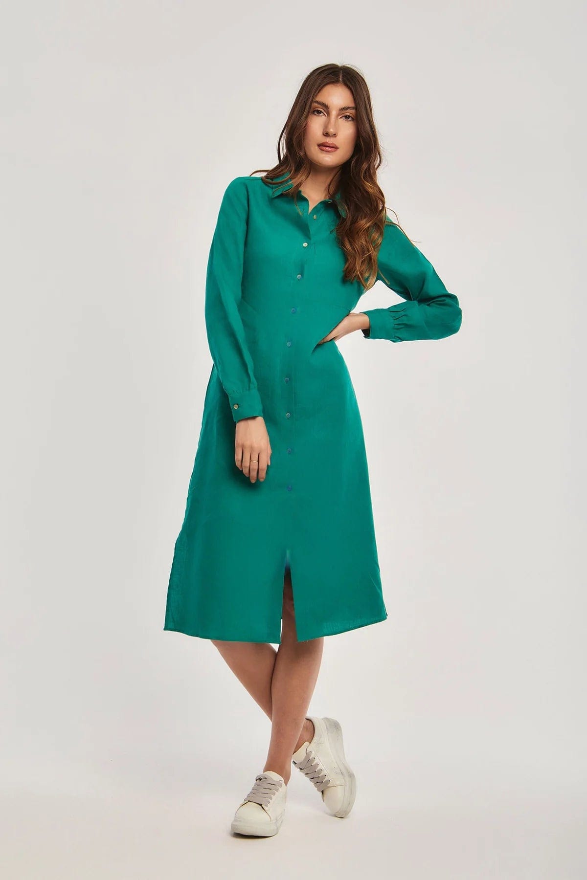 داليدرس فستان ميدي بأزرار أمامية كم طويل نسائي