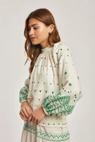 داليدرس بلوزة منقطة نسائية بأكمام طويلة أخضر