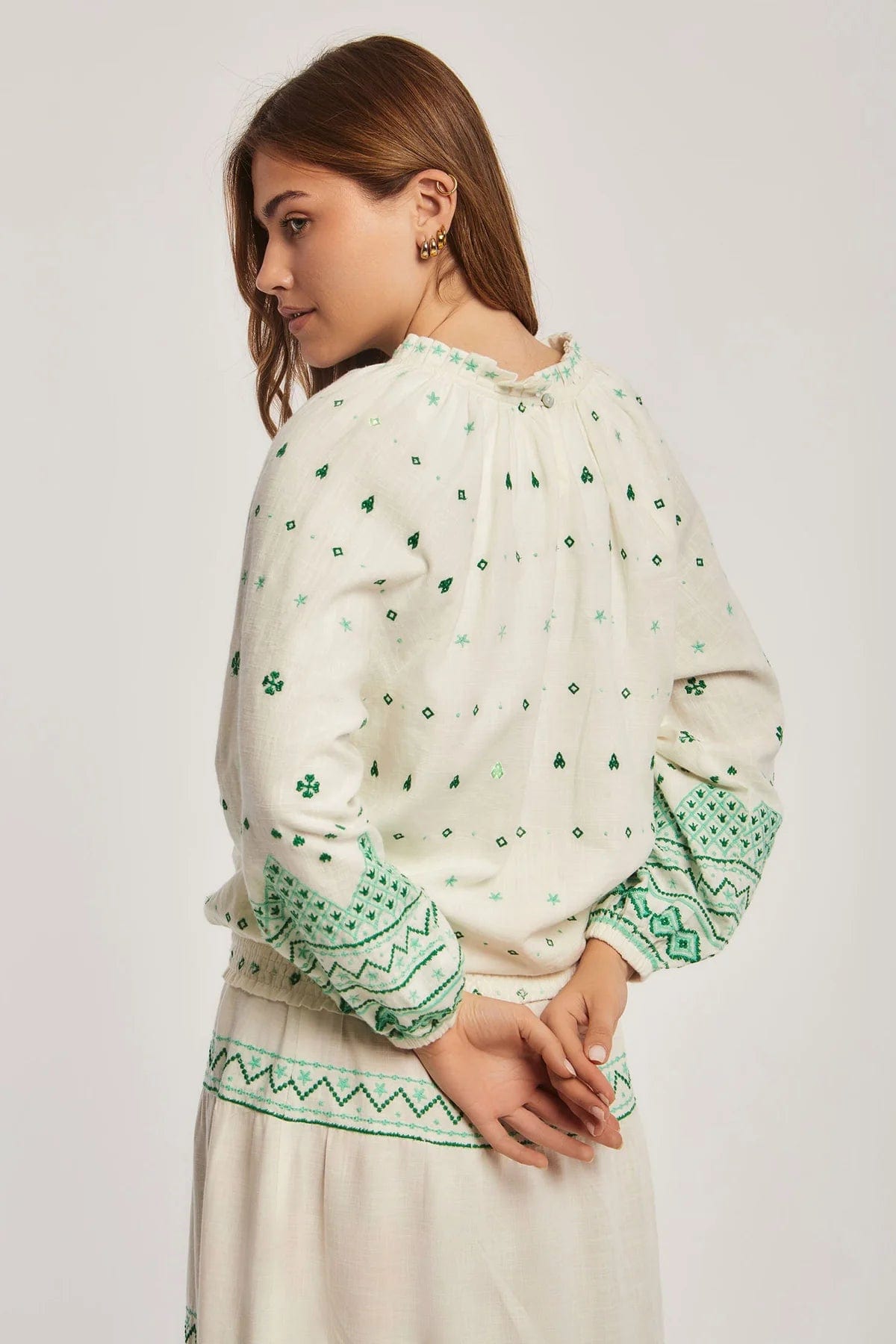 داليدرس بلوزة منقطة نسائية بأكمام طويلة أخضر