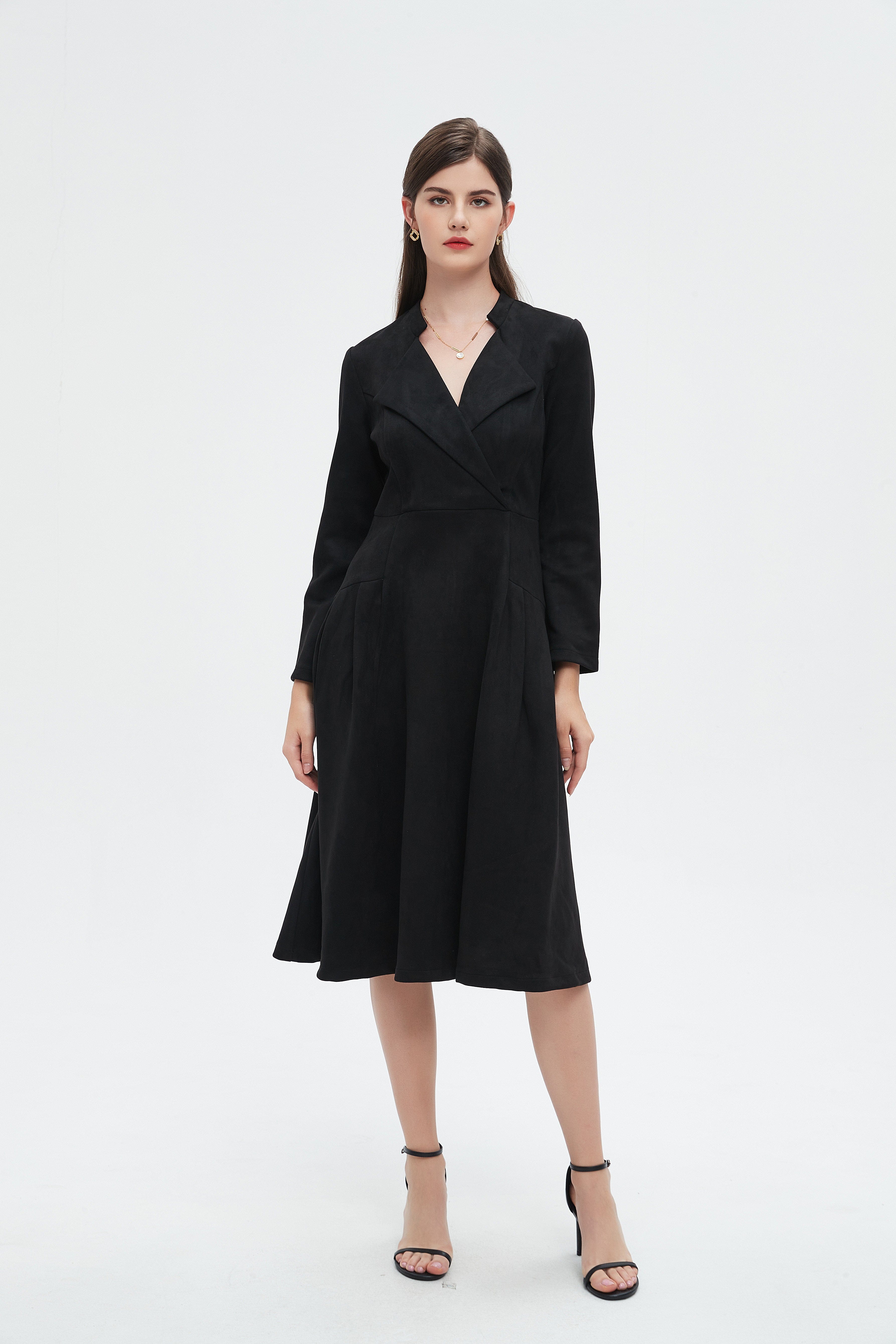 Shop Black Solid Midi Long-Sleeve Dress - Office A-Line