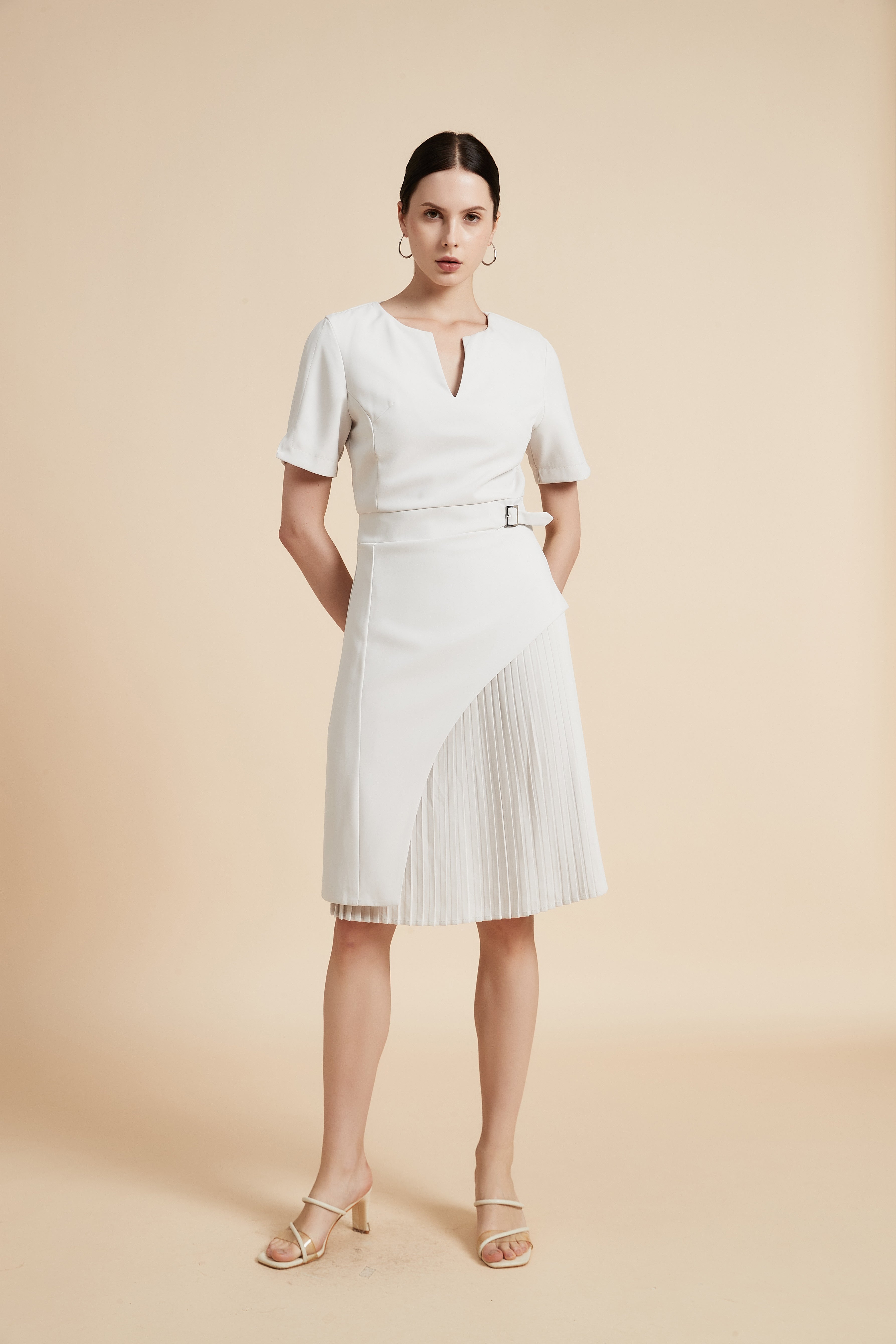 Shop White Plain Midi Belted Dress - Office A-Line