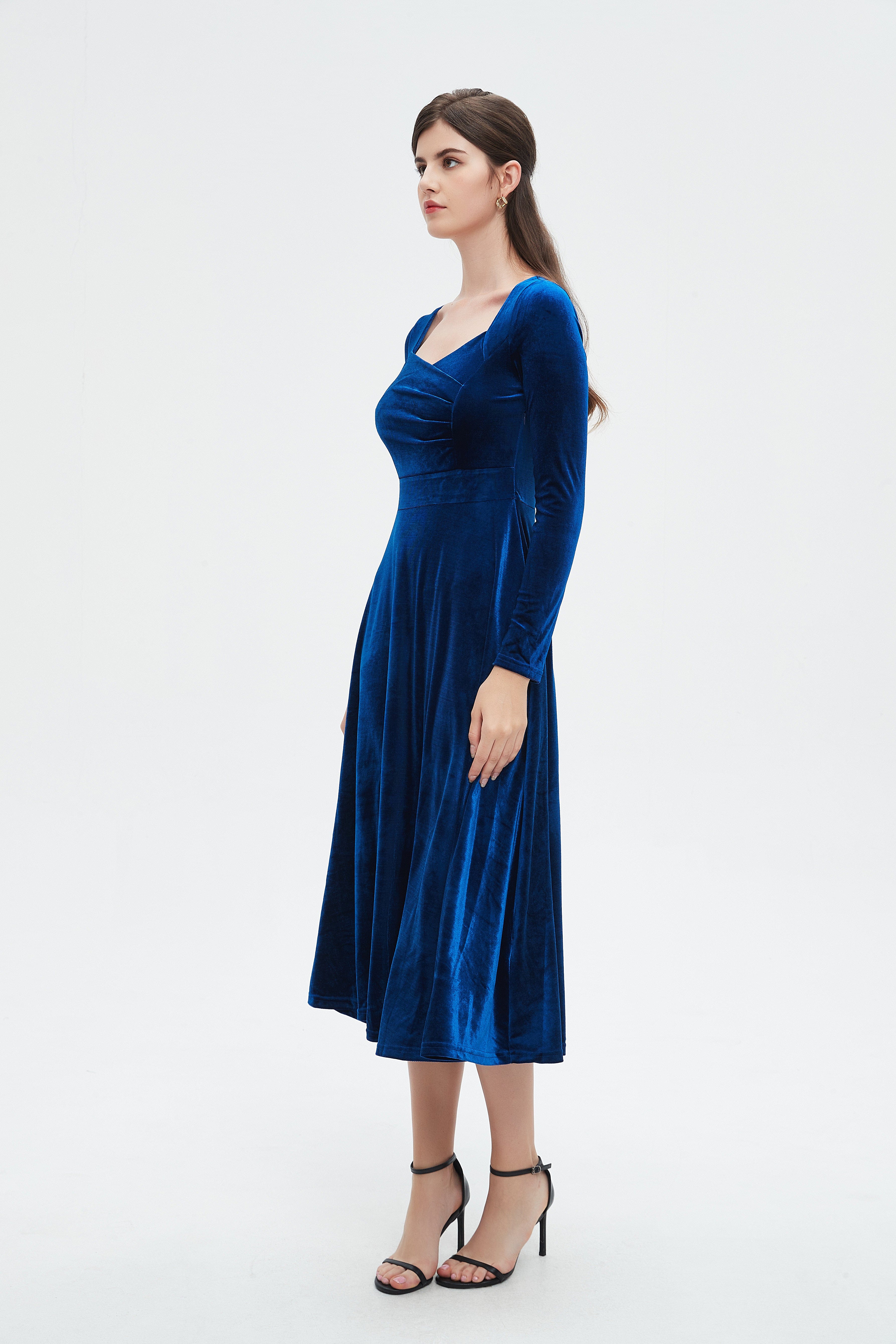 نتشي فستان نسائي ميدي اكمام طويلة وفتحة صدر عريضه