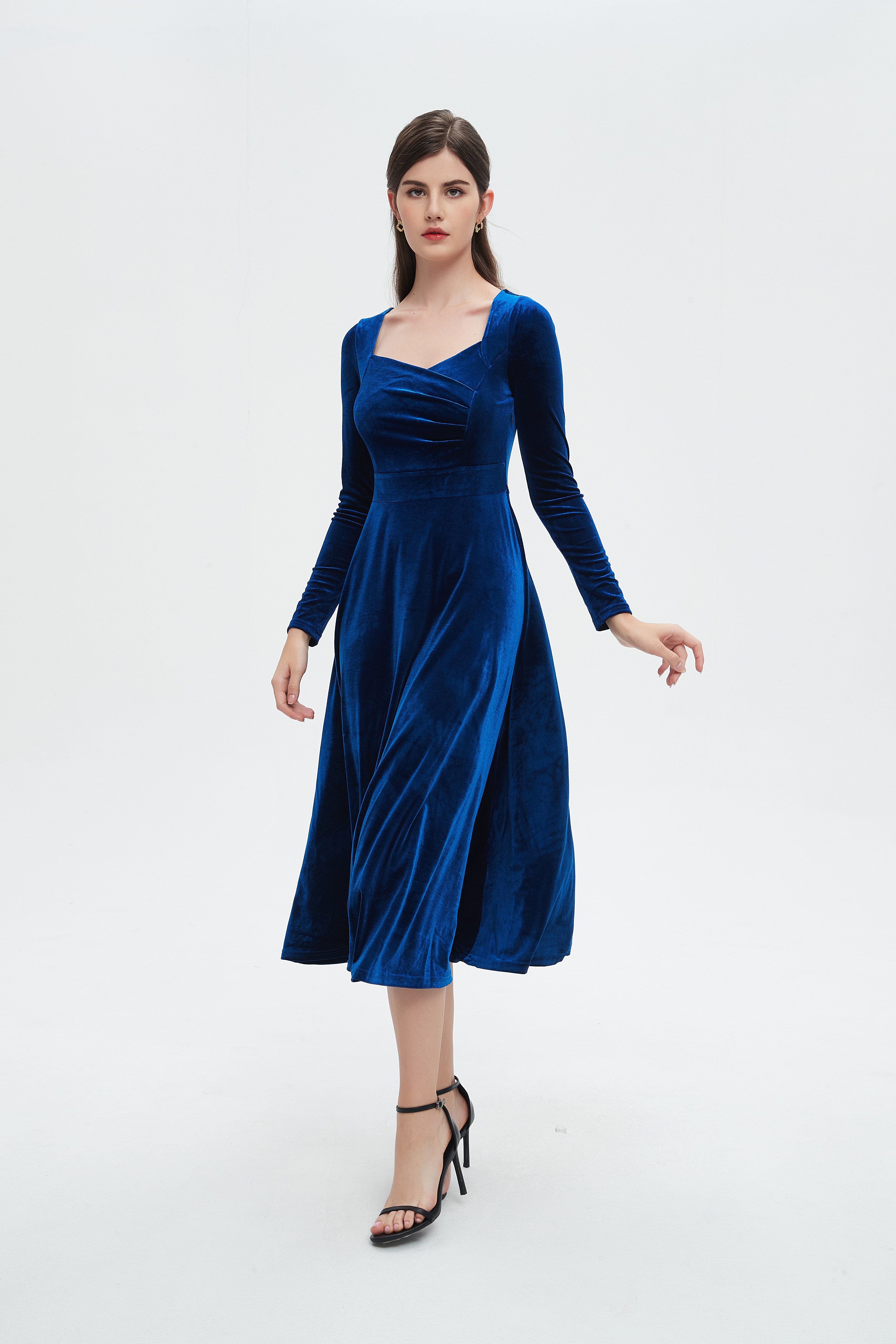 نتشي فستان نسائي ميدي اكمام طويلة وفتحة صدر عريضه