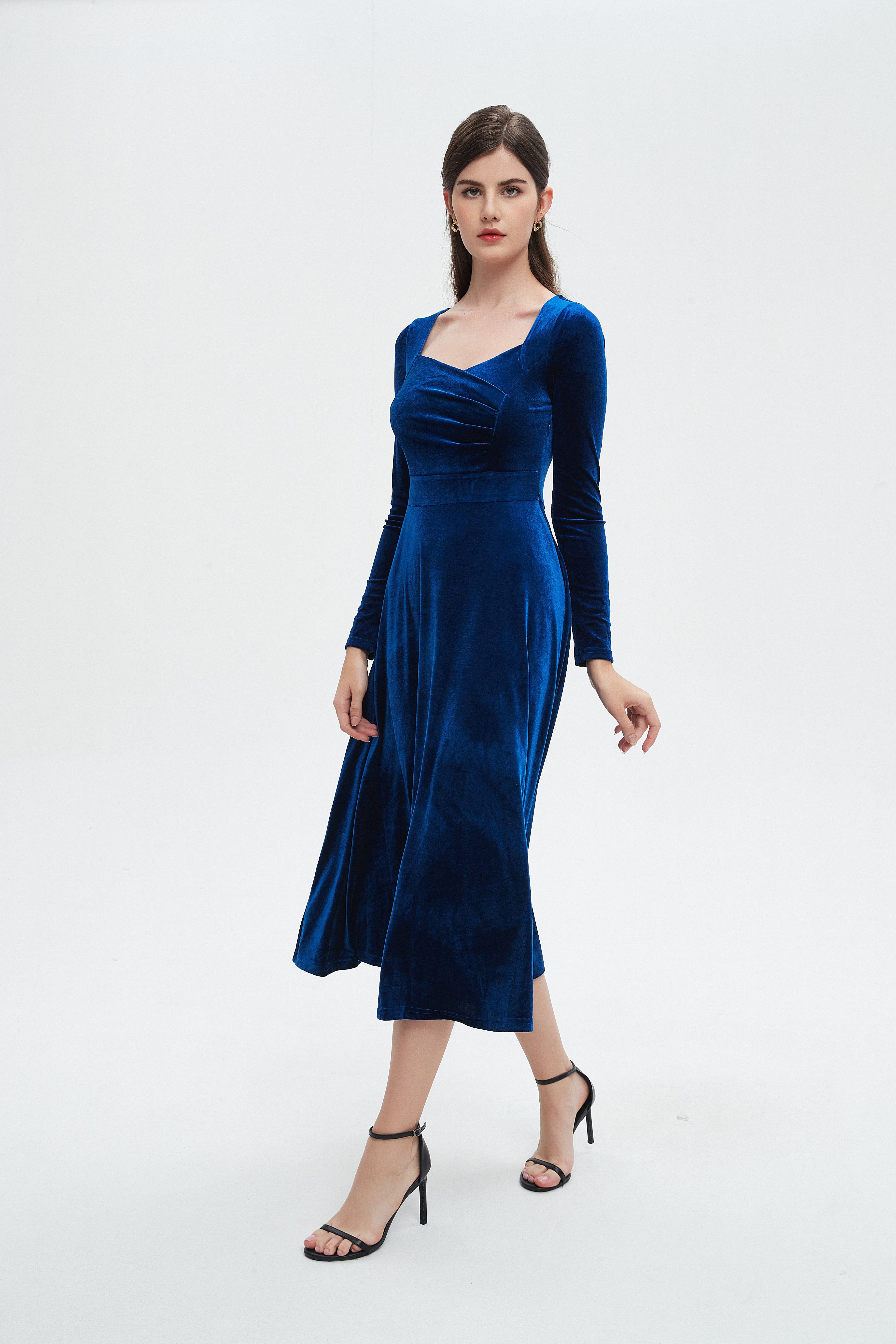 نتشي فستان نسائي ميدي اكمام طويلة وفتحة صدر عريضه