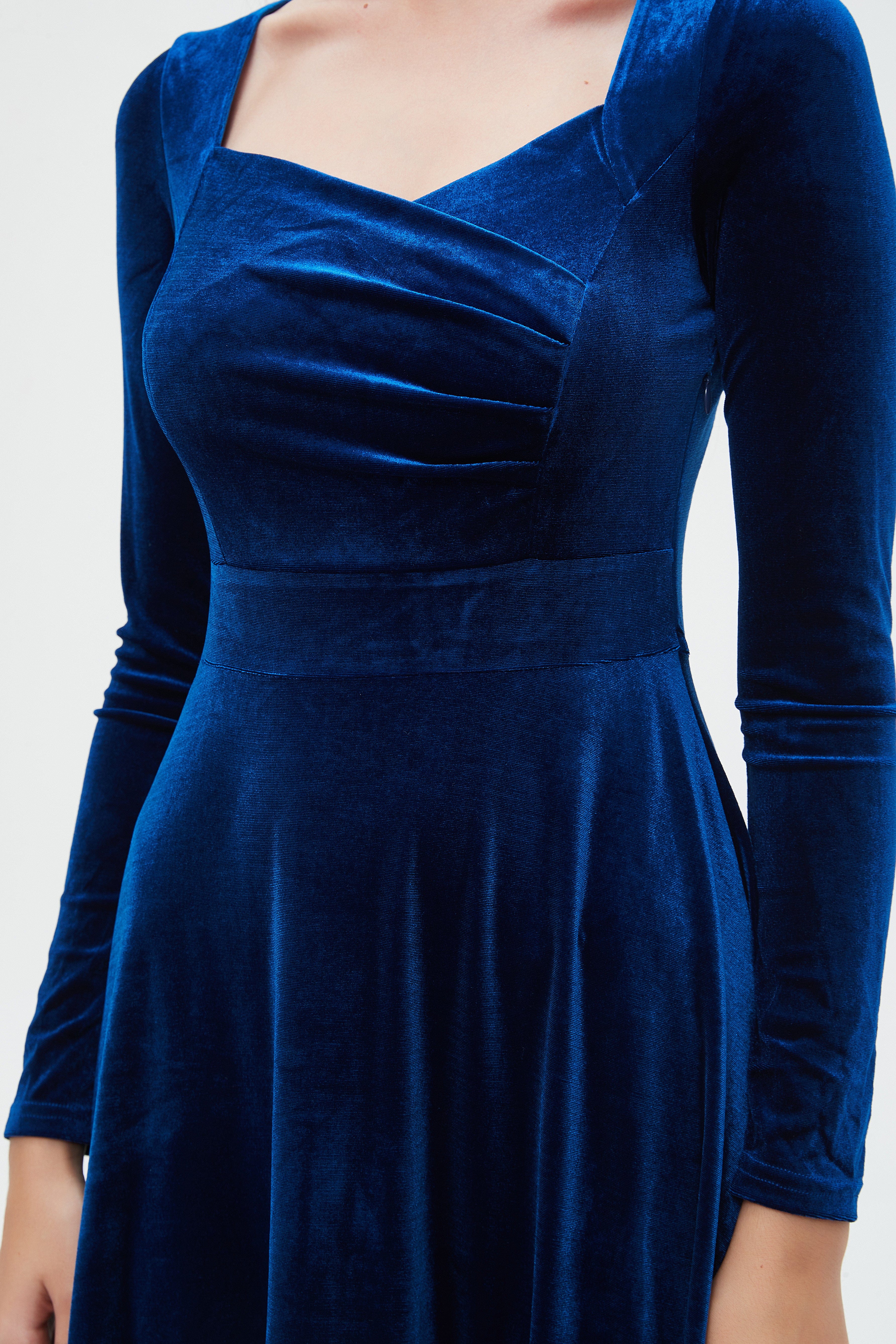 نتشي فستان نسائي ميدي اكمام طويلة وفتحة صدر عريضه