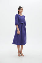 نتشي فستان نسائي ميدي 3/4 كم برباط على الخصر سادة