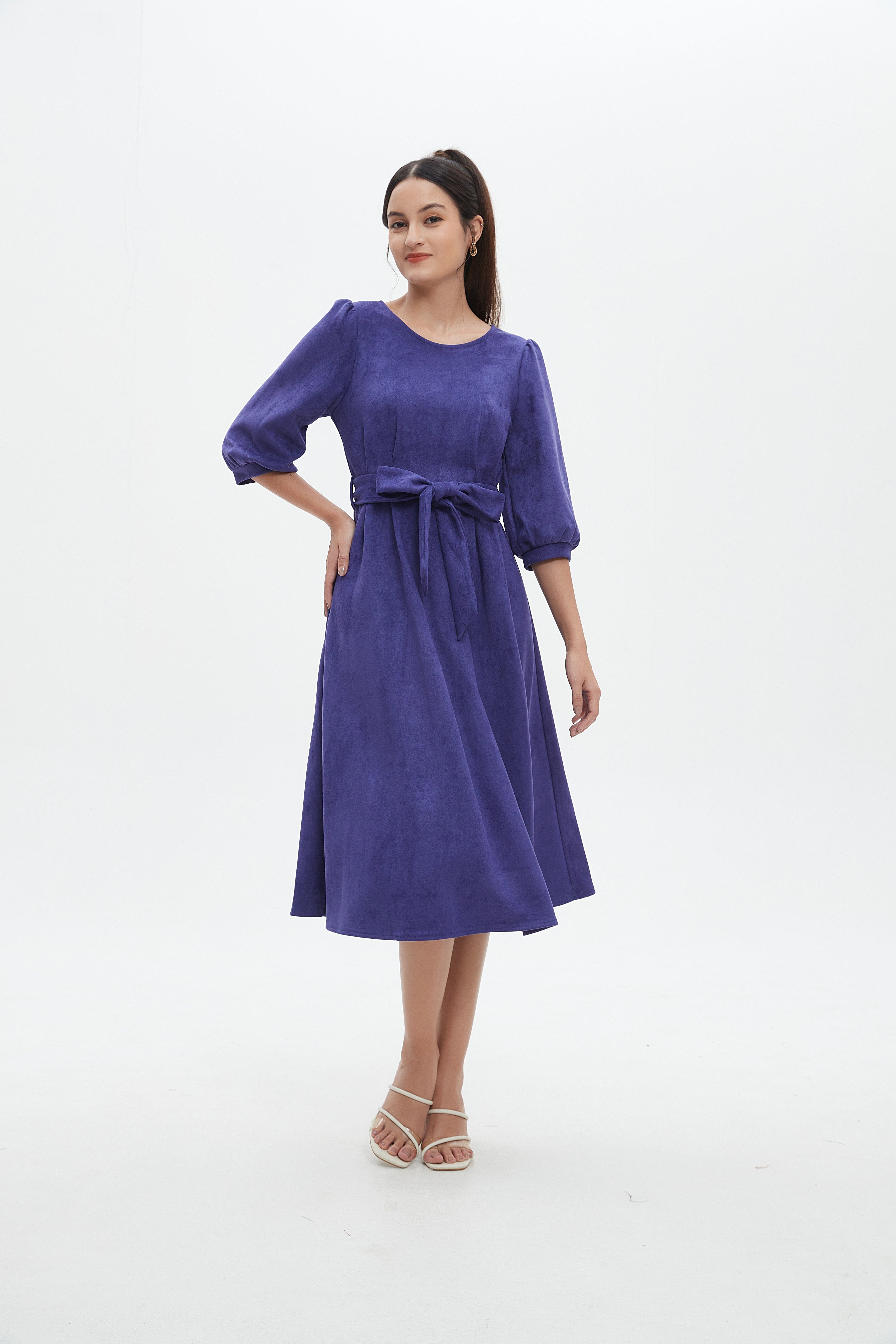 نتشي فستان نسائي ميدي 3/4 كم برباط على الخصر سادة