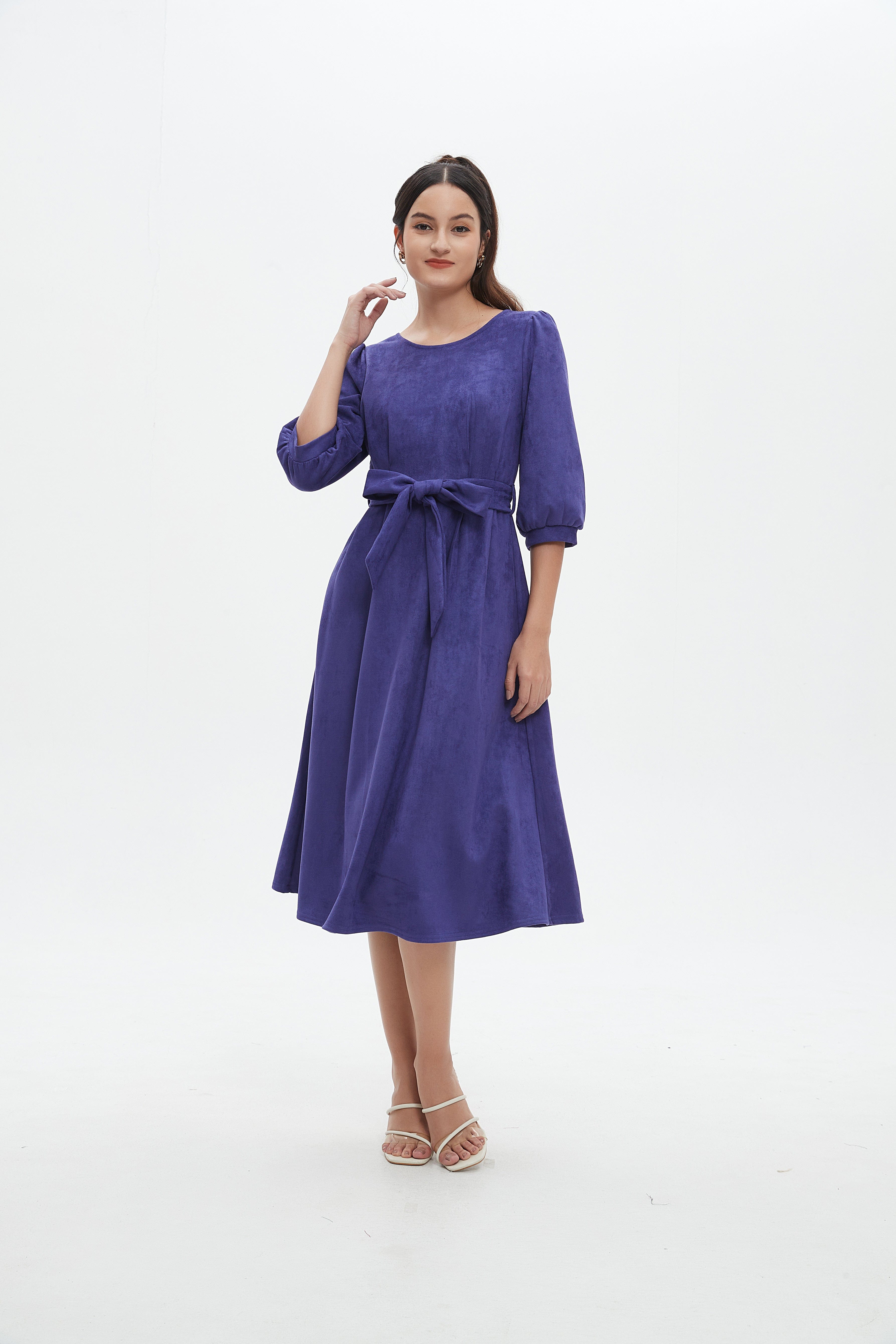 نتشي فستان نسائي ميدي 3/4 كم برباط على الخصر سادة