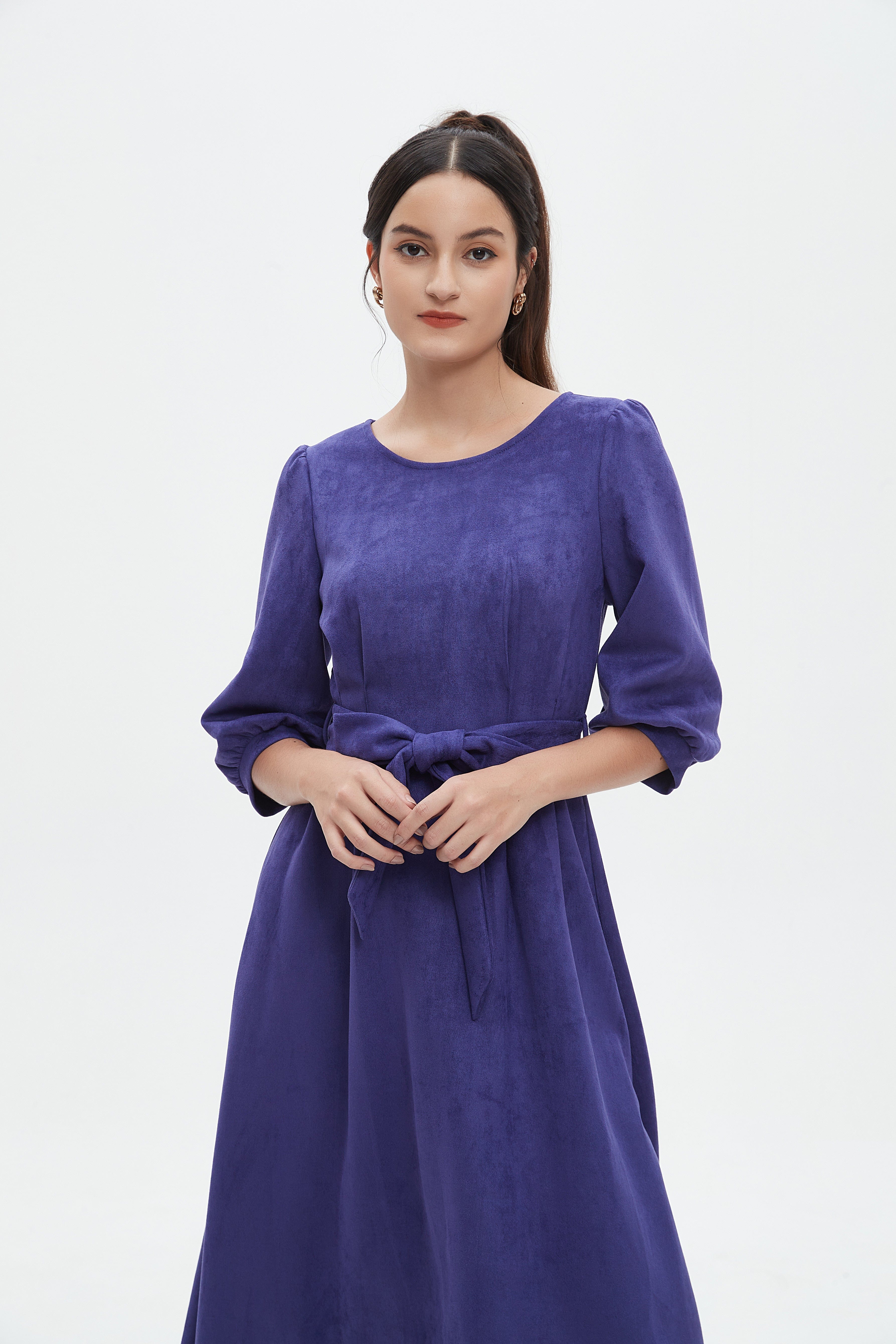 نتشي فستان نسائي ميدي 3/4 كم برباط على الخصر سادة