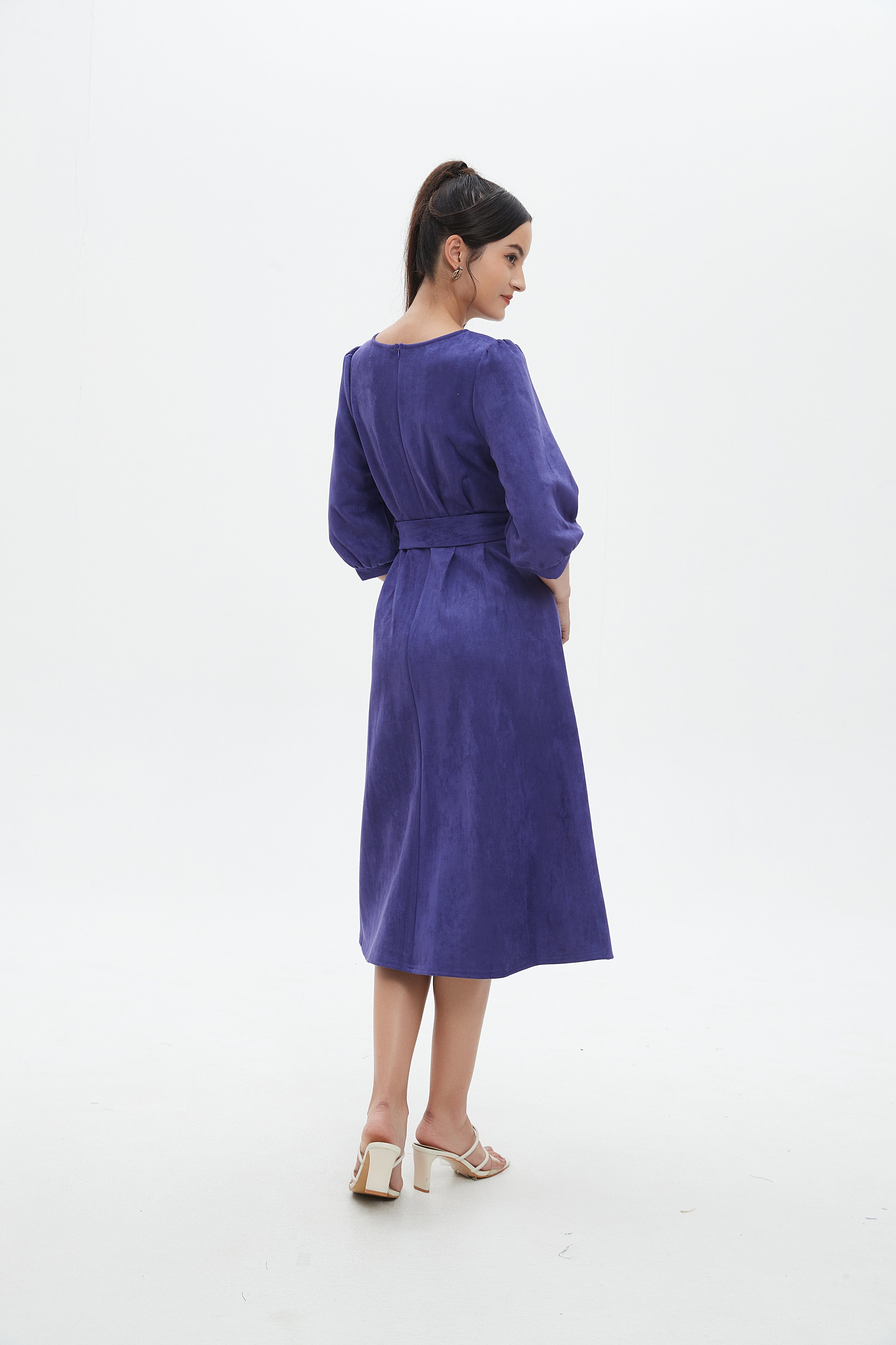 نتشي فستان نسائي ميدي 3/4 كم برباط على الخصر سادة