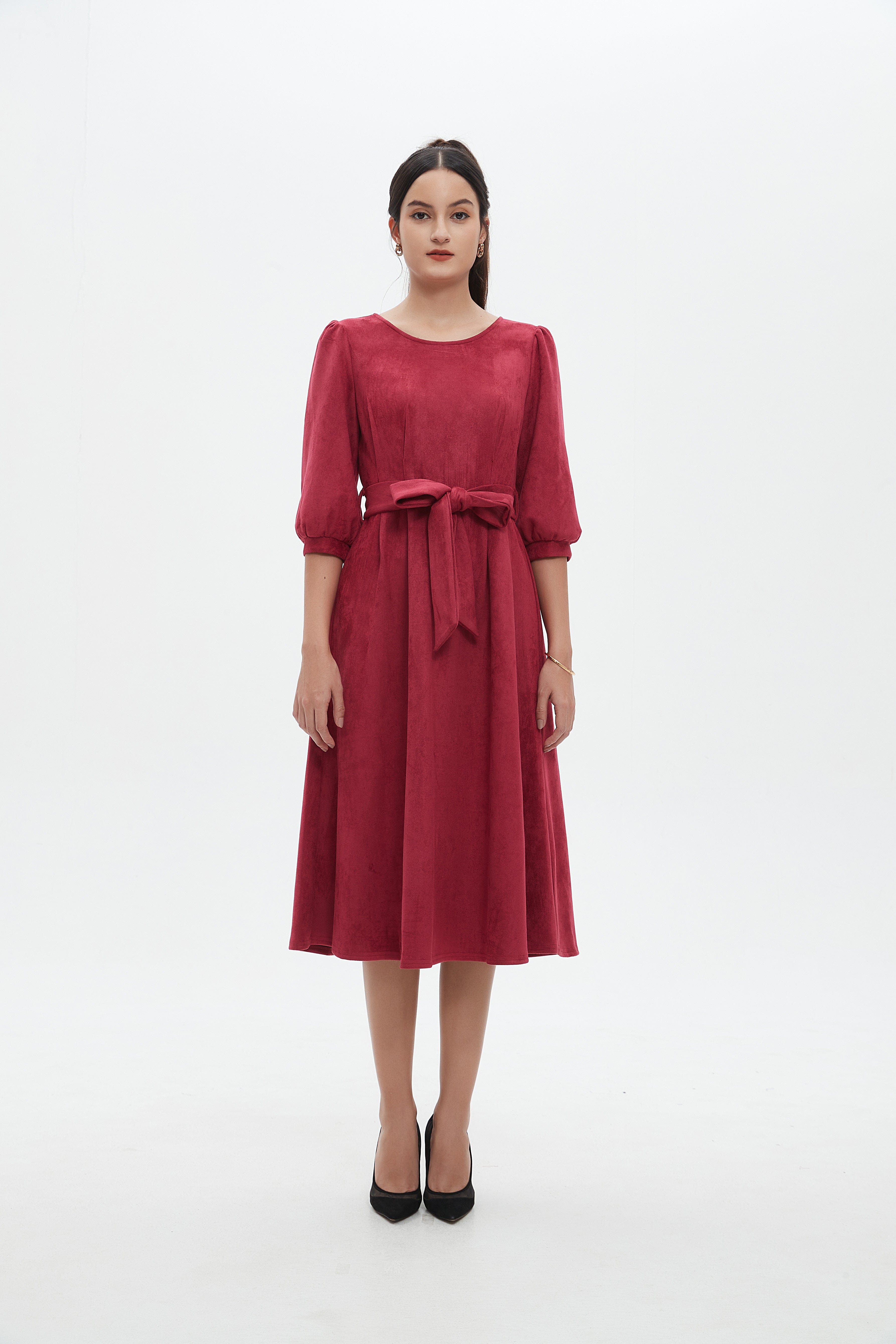 نتشي فستان نسائي ميدي 3/4 كم برباط على الخصر سادة