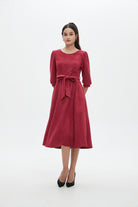 نتشي فستان نسائي ميدي 3/4 كم برباط على الخصر سادة