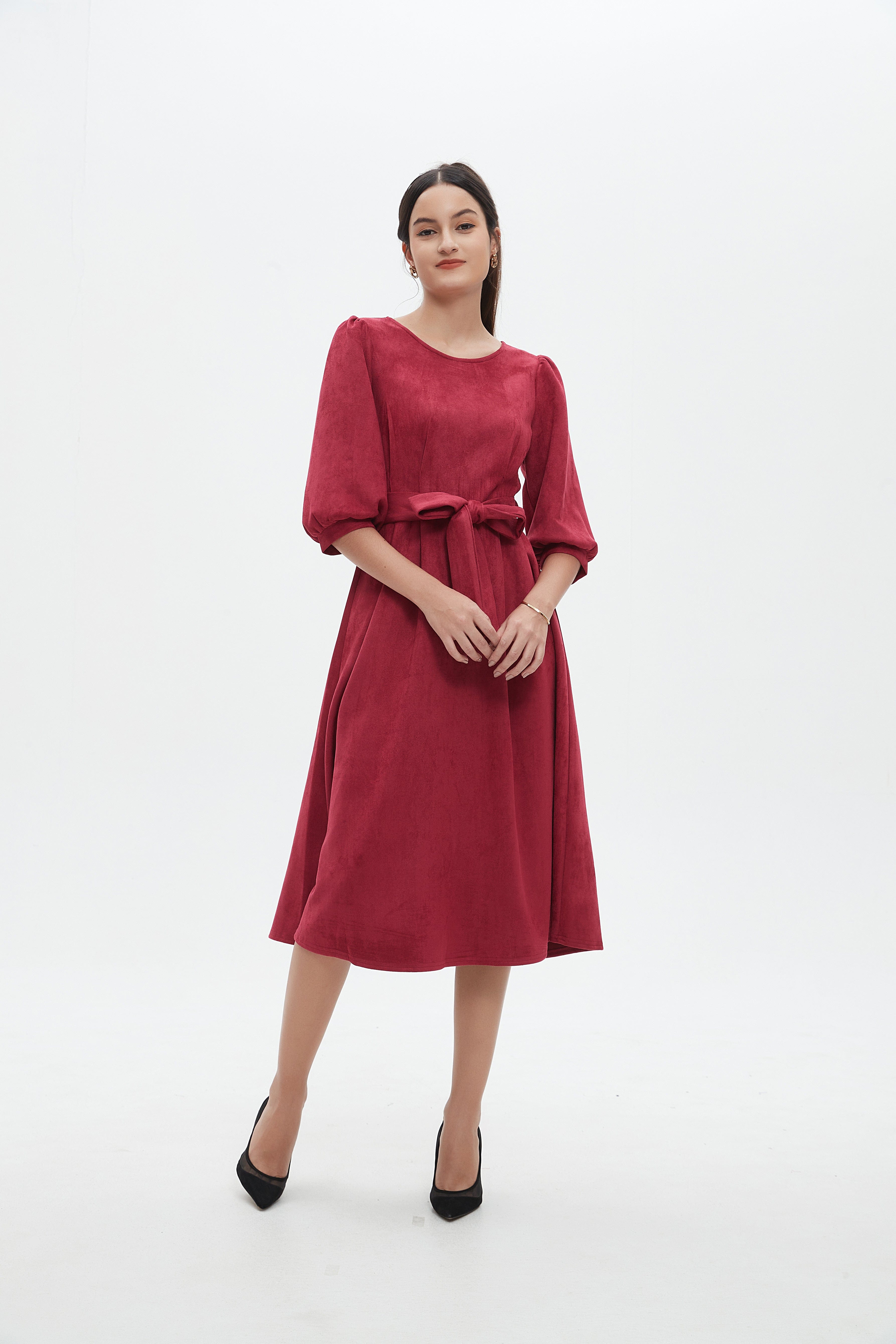 نتشي فستان نسائي ميدي 3/4 كم برباط على الخصر سادة