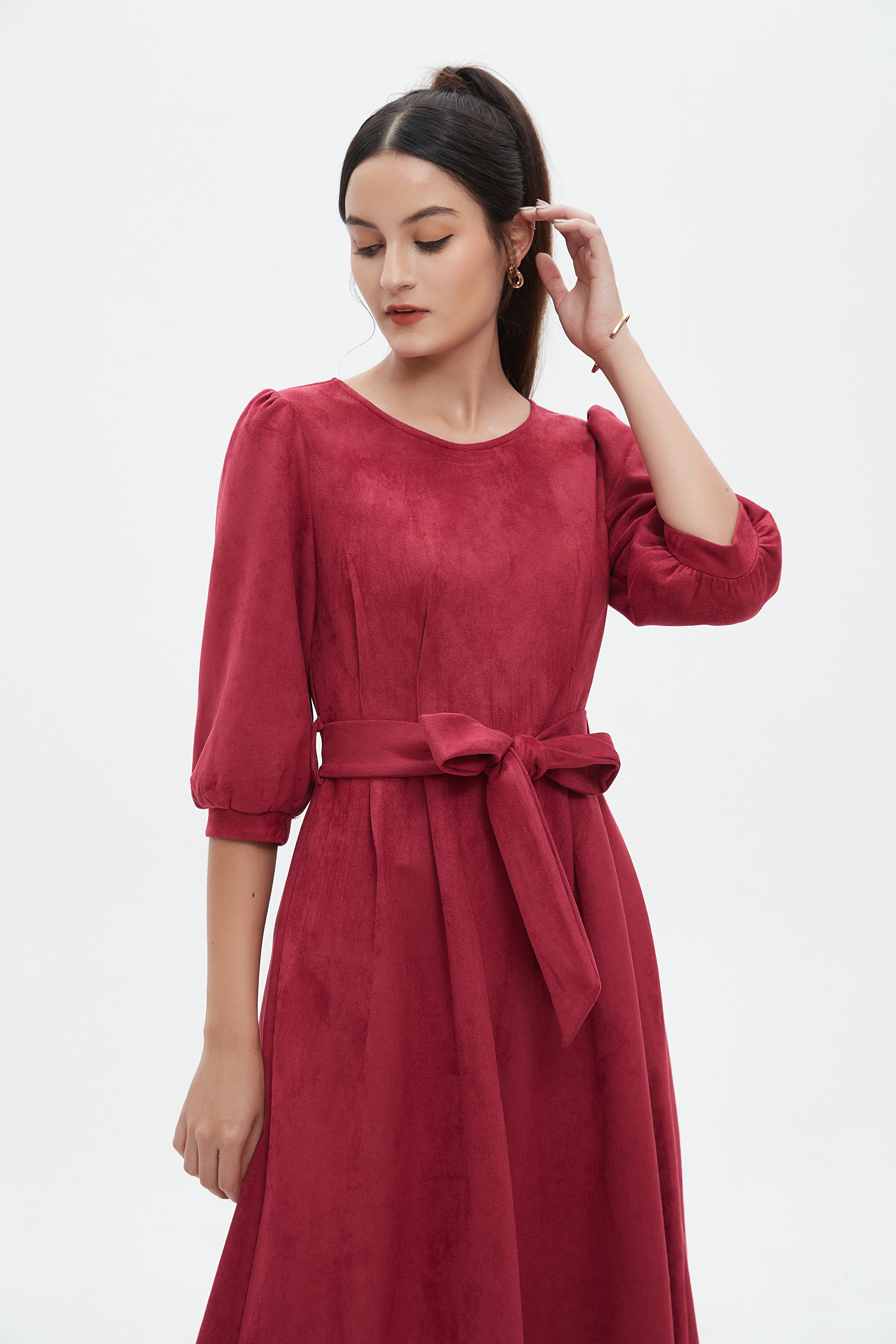 نتشي فستان نسائي ميدي 3/4 كم برباط على الخصر سادة