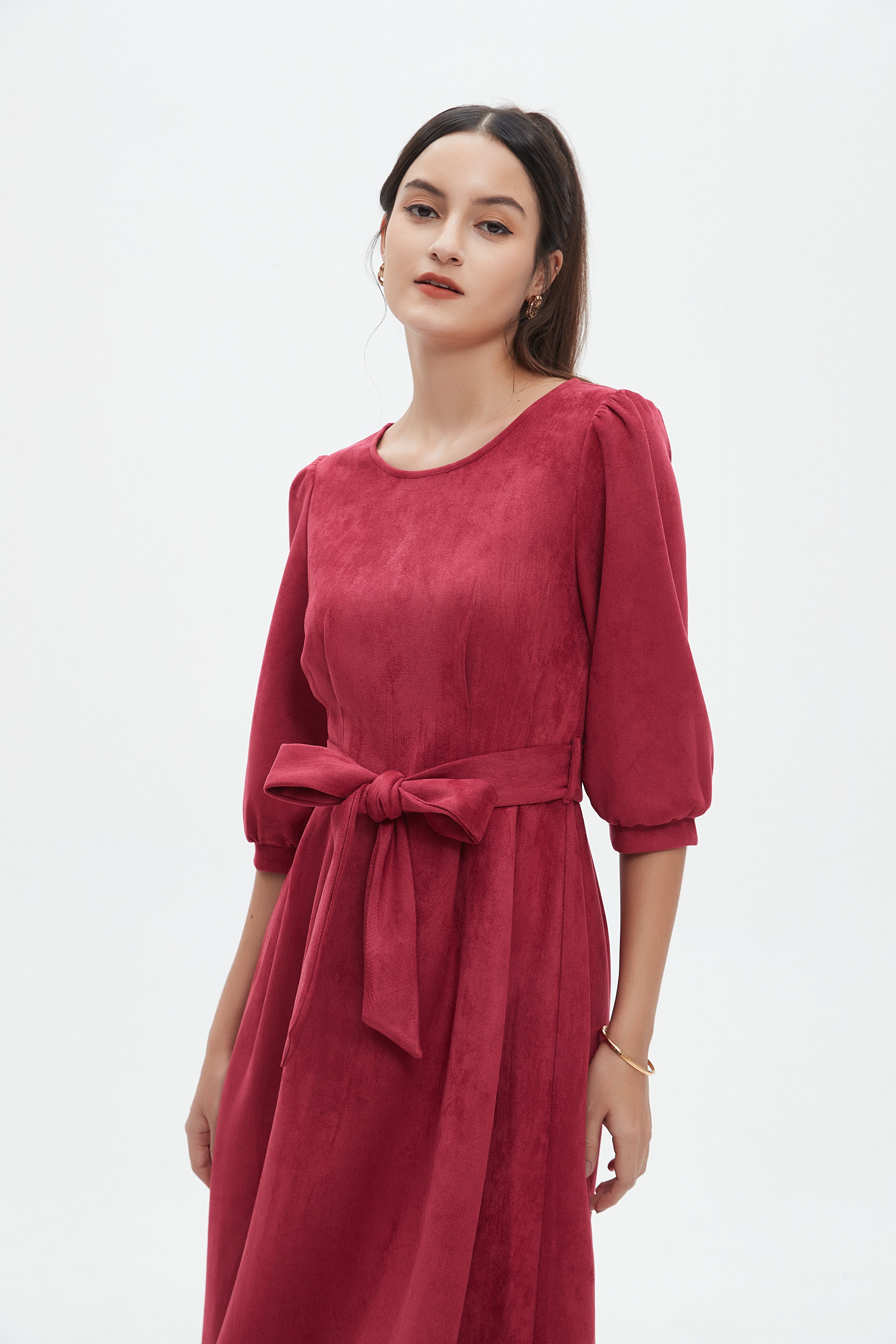 نتشي فستان نسائي ميدي 3/4 كم برباط على الخصر سادة