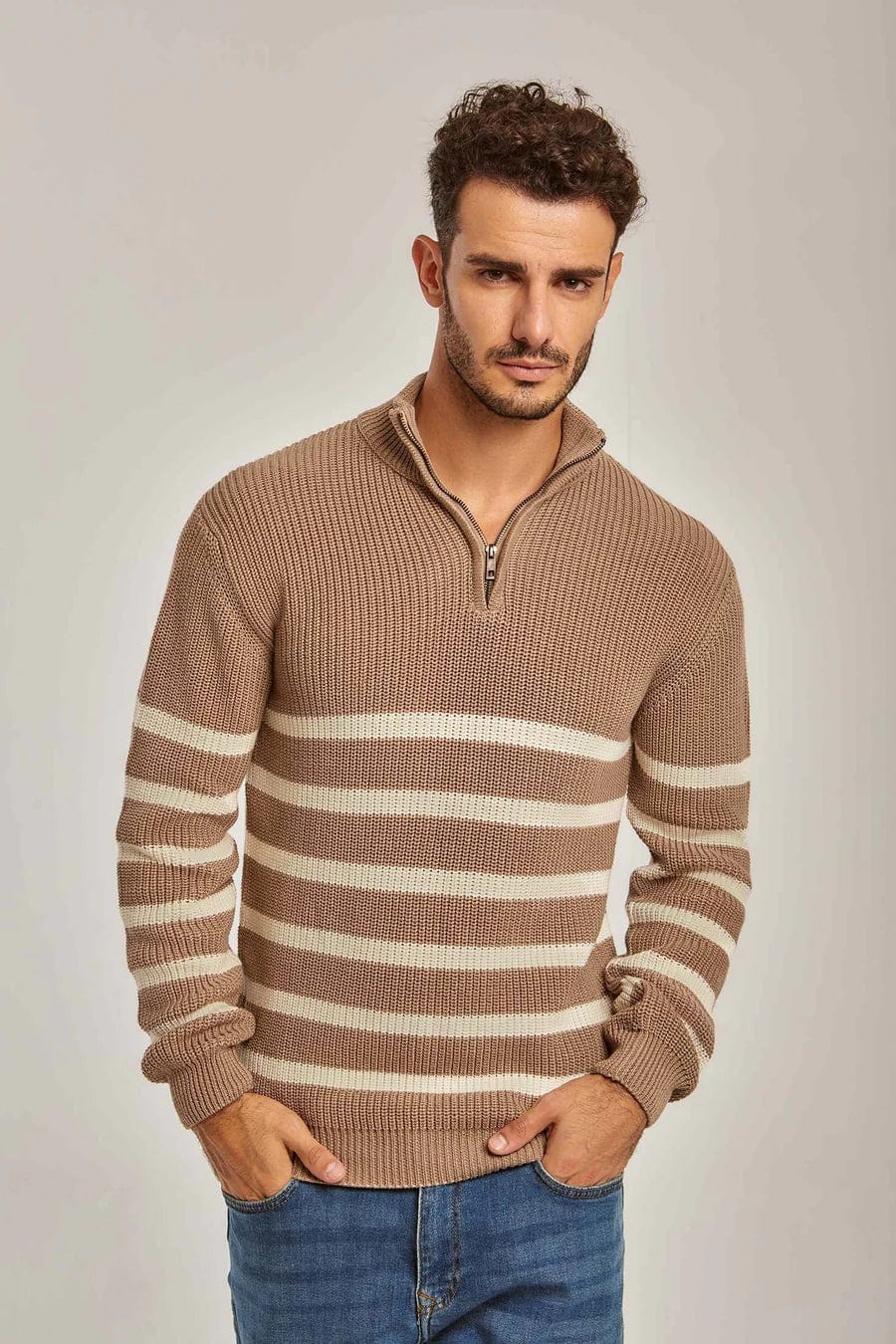 داليدرس بلوفر رجالي بسحاب أمامي كم طويل مخطط بالعرض