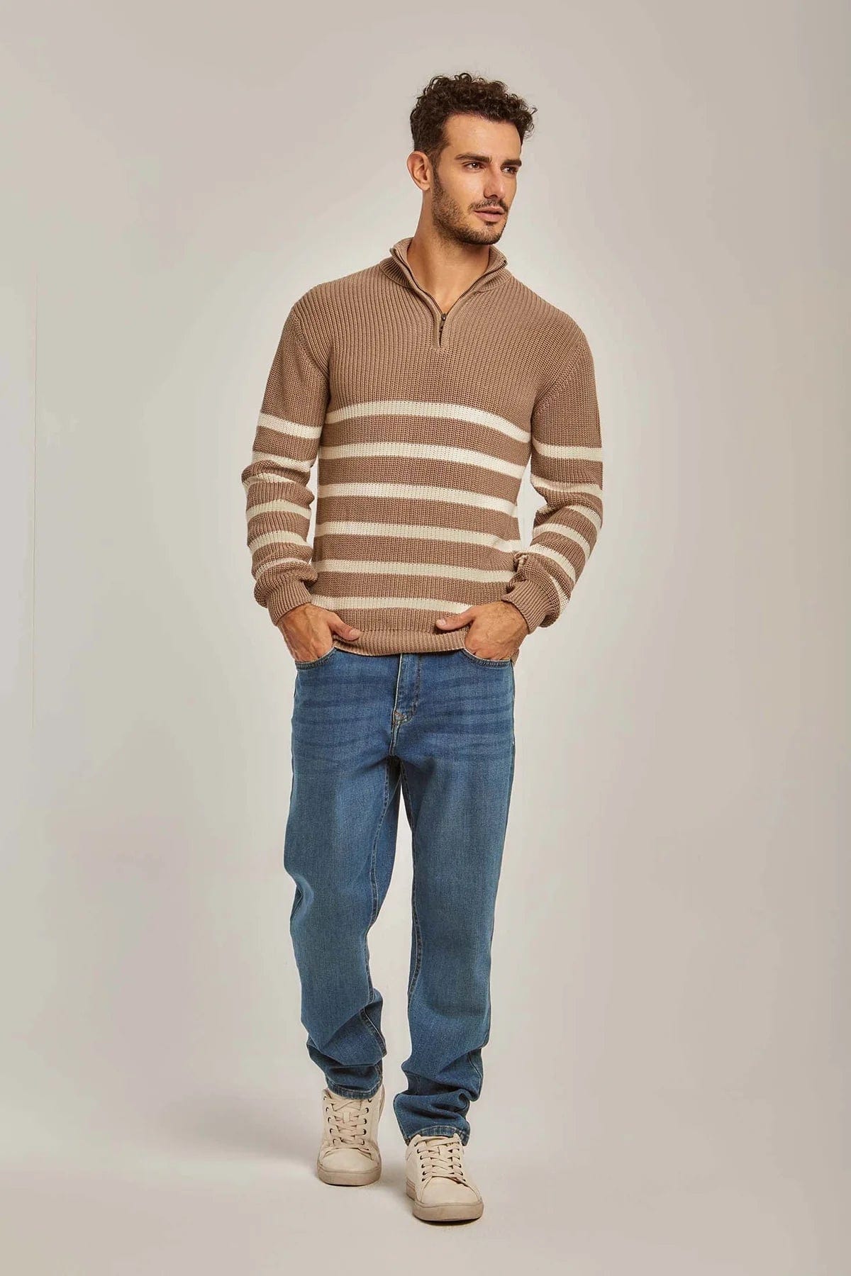 داليدرس بلوفر رجالي بسحاب أمامي كم طويل مخطط بالعرض