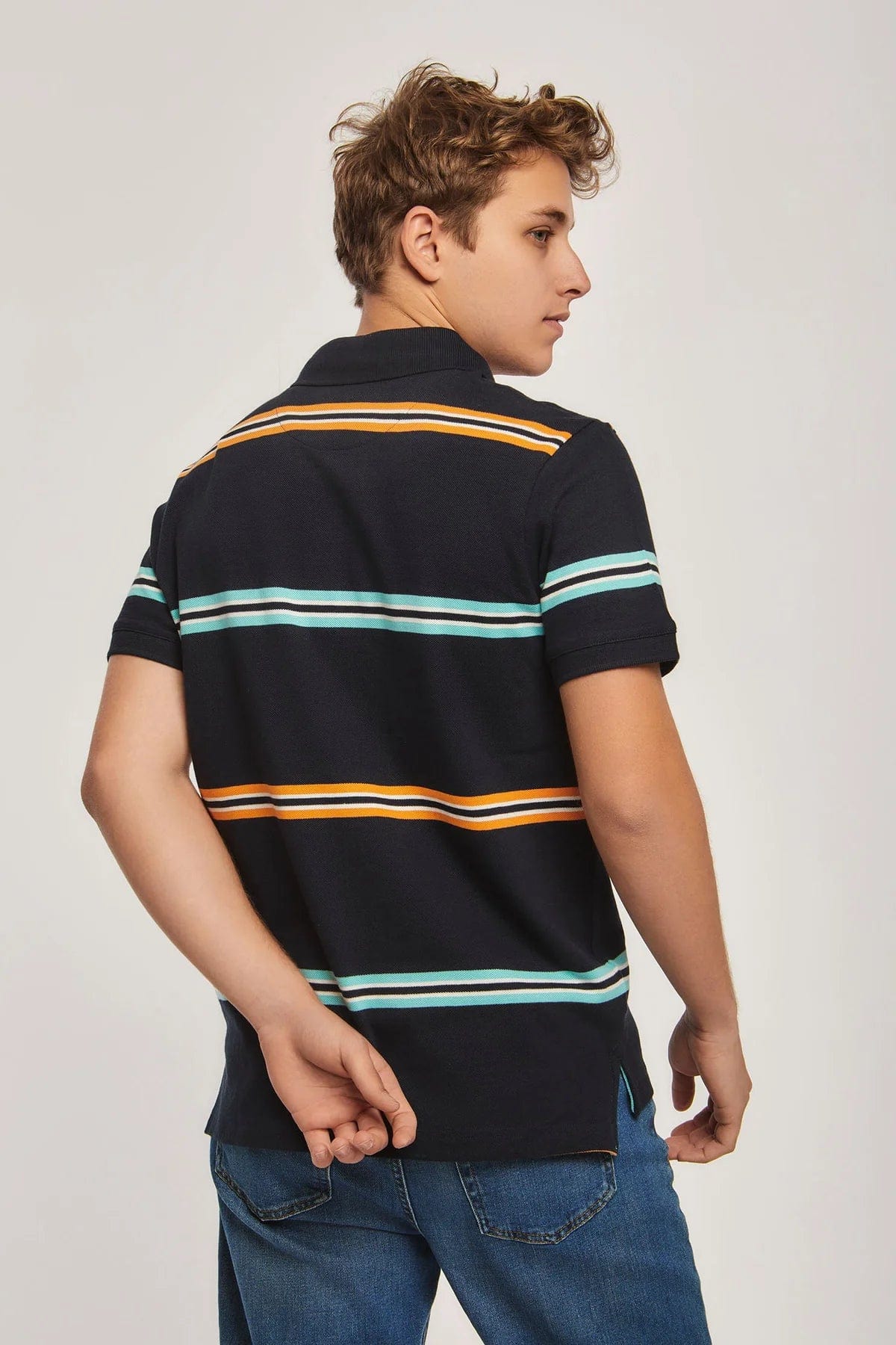 داليدرس تيشيرت بولو مخطط بالعرض نص كم رجالي أزرق