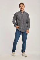 داليدرس قميص منقط بأزرار أمامية كم طويل رجالي نيلي