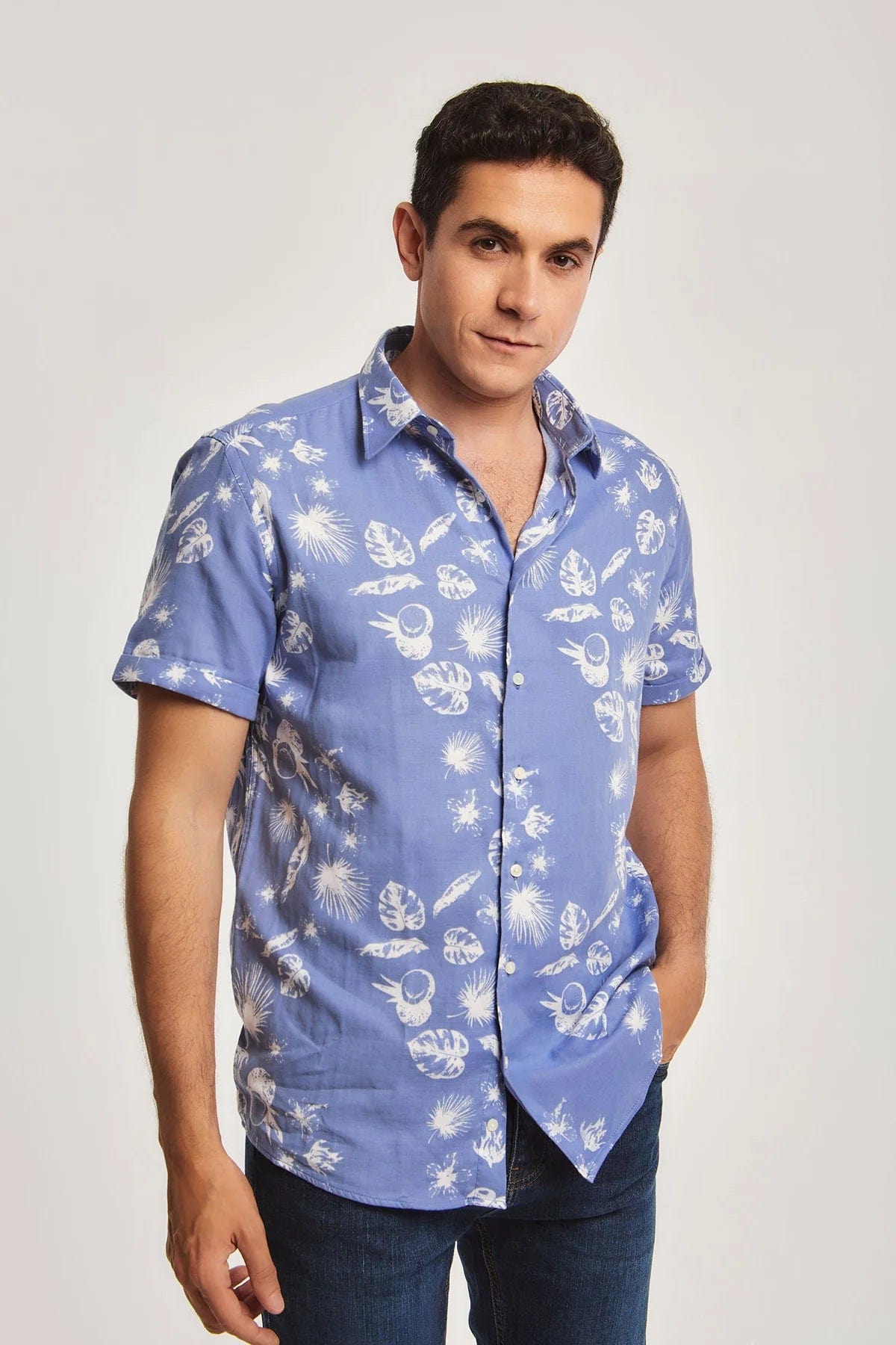 داليدرس قميص رجالي منقوش بأزرار أمامية نص كم أزرق