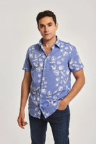 داليدرس قميص رجالي منقوش بأزرار أمامية نص كم أزرق