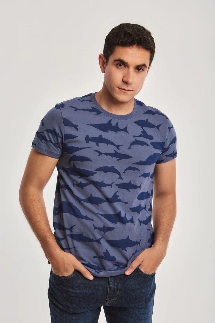 داليدرس تيشيرت منقوش نص كم رجالي أزرق نيلي