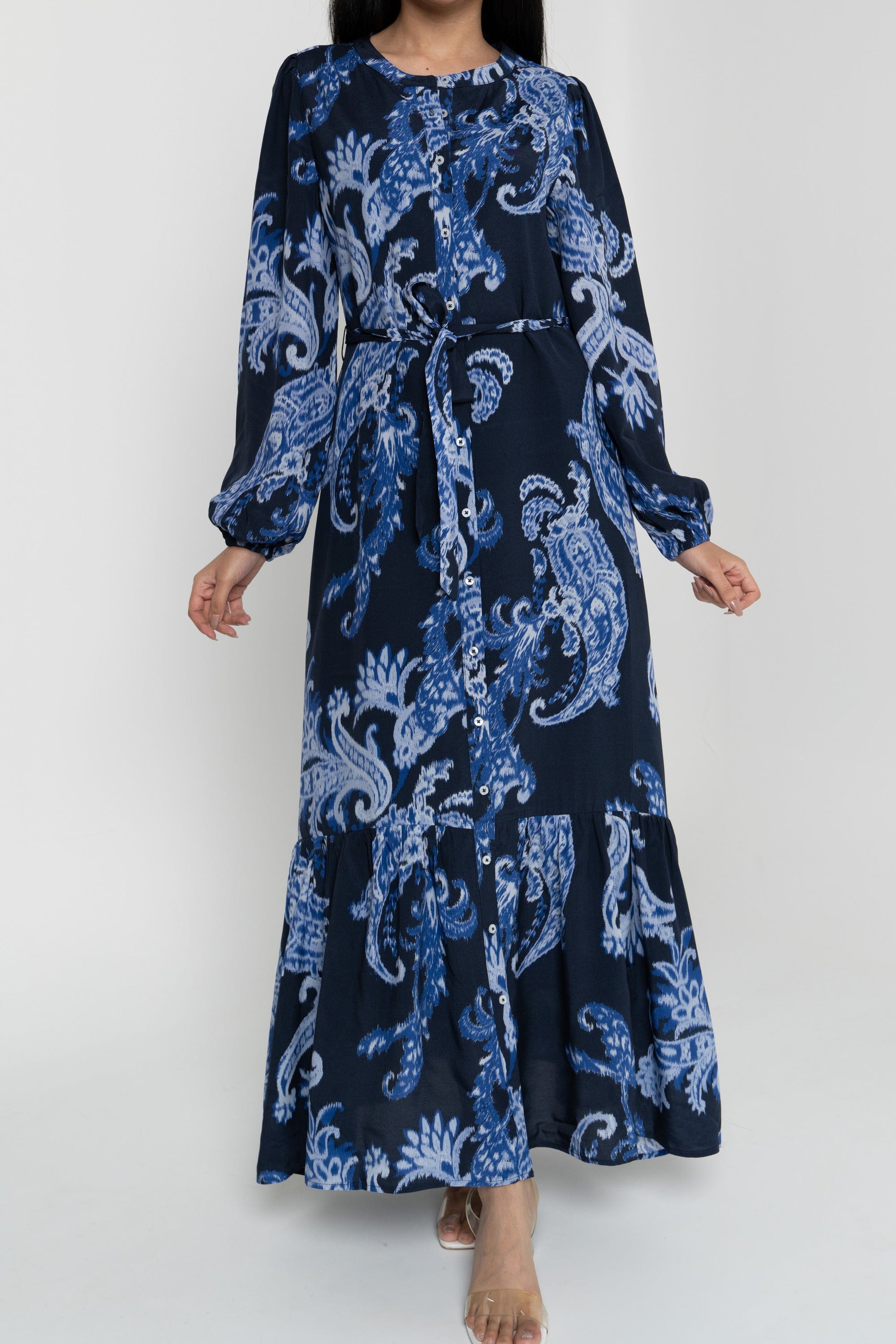 داليدرس فستان نسائي منقوش بأزرار أمامية كم طويل