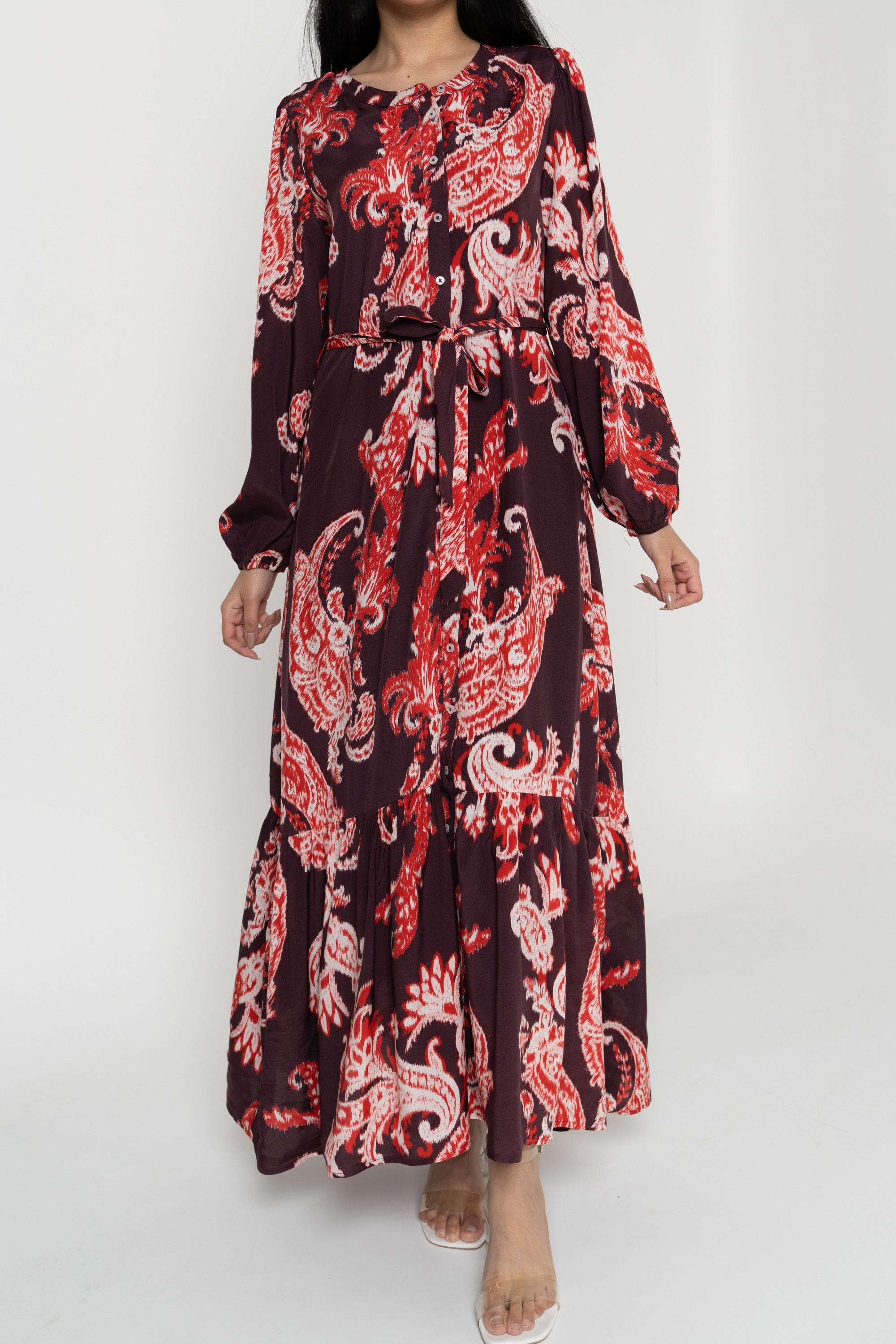 داليدرس فستان نسائي منقوش بأزرار أمامية كم طويل