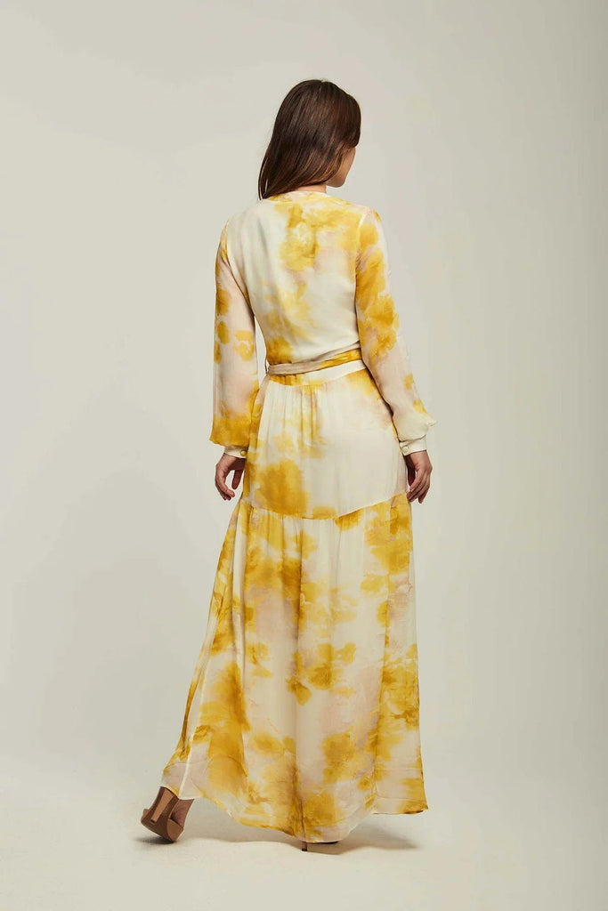 داليدرس فستان نسائي مطبوع كم طويل بفتحة أمامية أصفر بريمروز