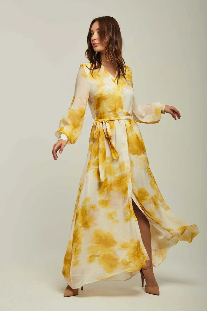 داليدرس فستان نسائي مطبوع كم طويل بفتحة أمامية أصفر بريمروز