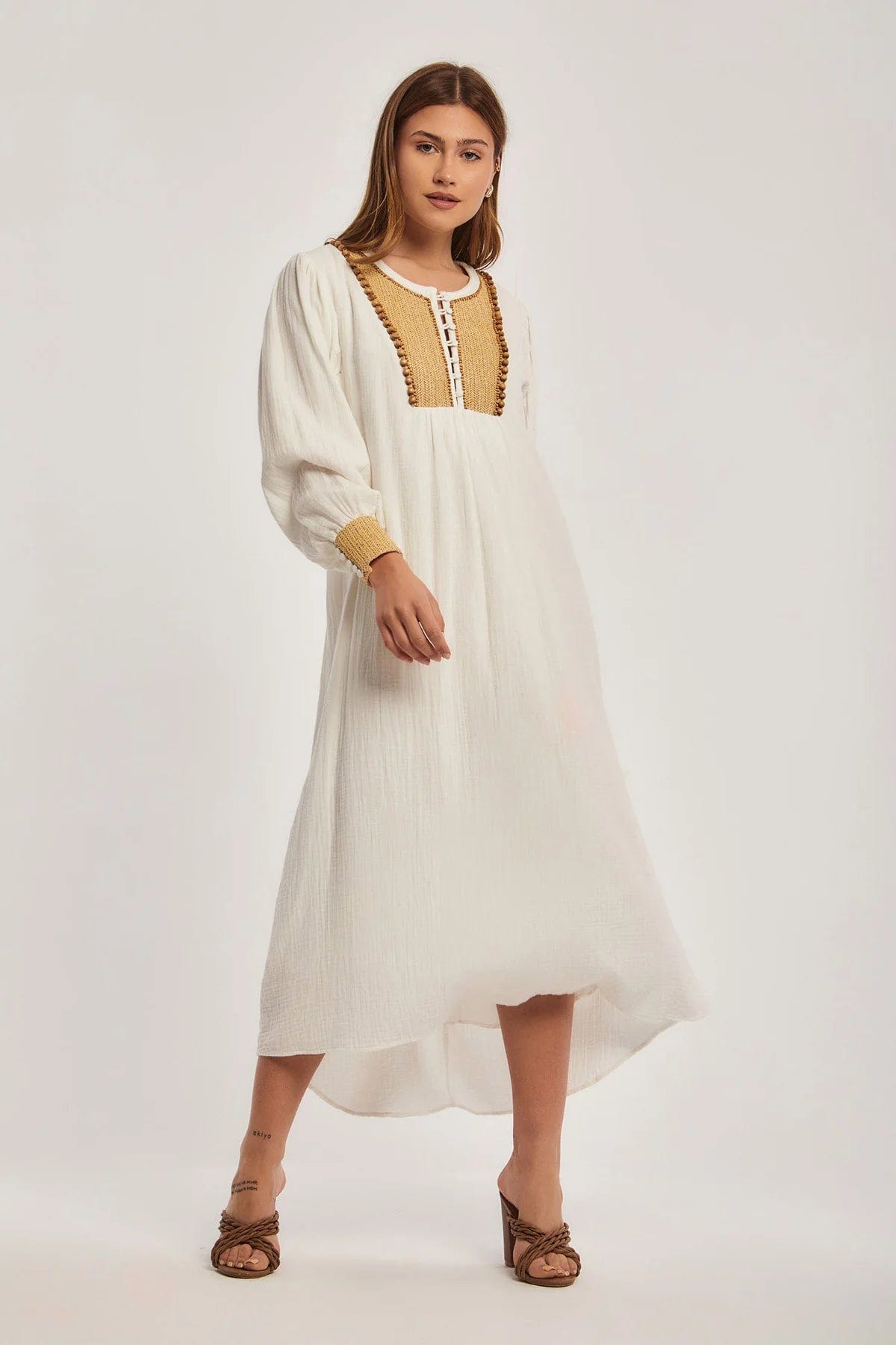 داليدرس فستان ميدي واسع كم طويل منقوش من الصدر نسائي أنثراسايت