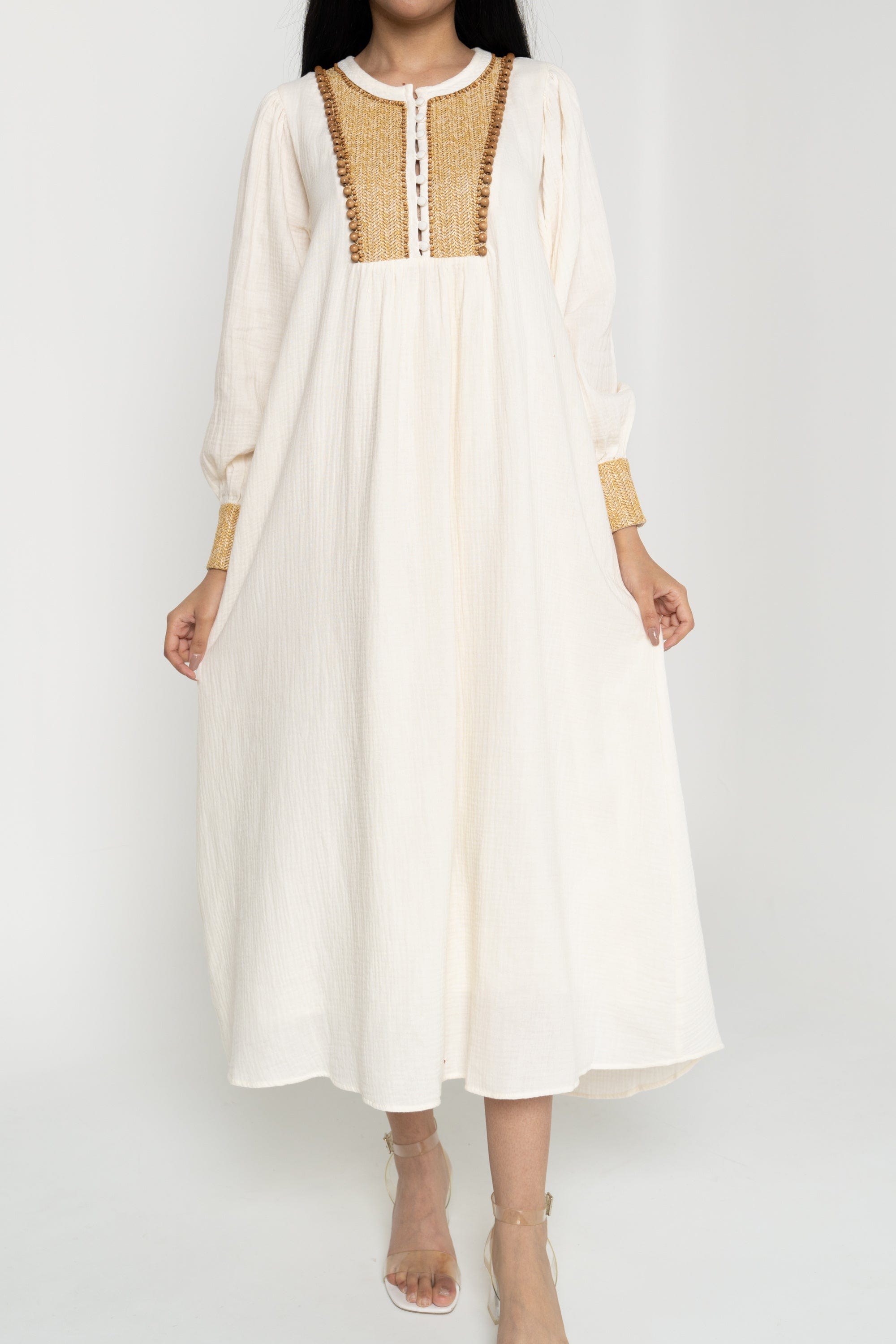 داليدرس فستان ميدي واسع كم طويل منقوش من الصدر نسائي أنثراسايت