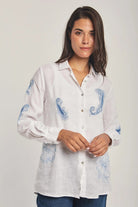 داليدرس بلوزة مطرزة بالورود كم طويل نسائي أبيض