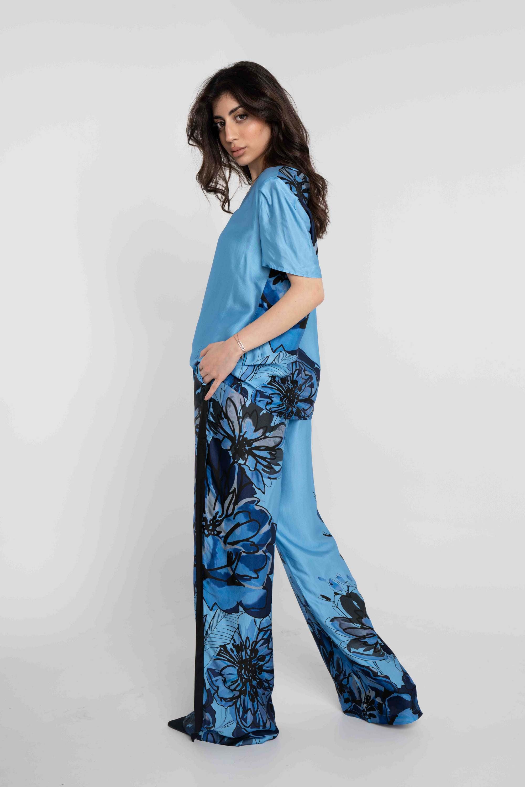 داليدرس تانك توب موردة كم قصير برقبة دائرية نسائي ازرق مطبوع