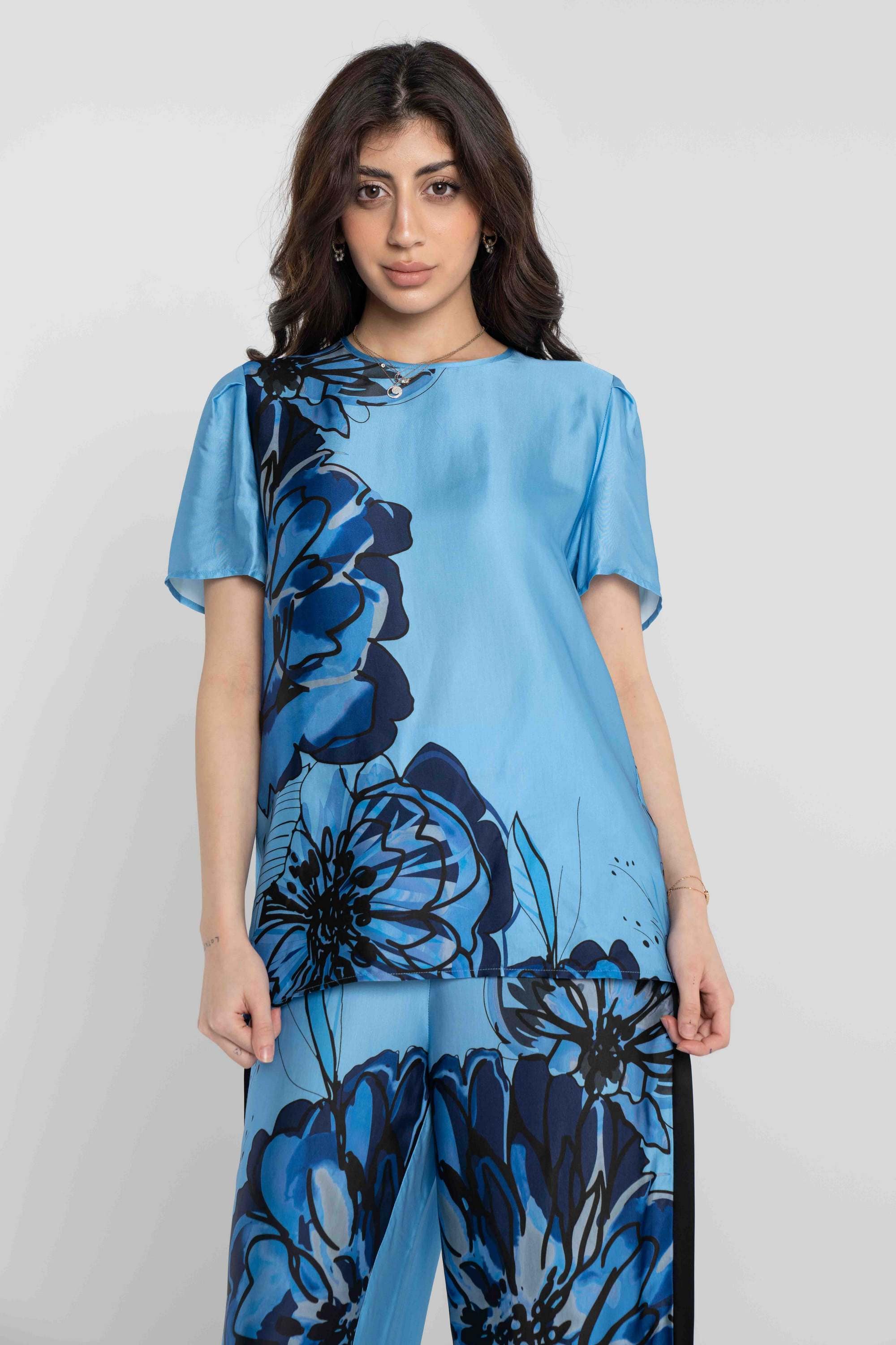 داليدرس تانك توب موردة كم قصير برقبة دائرية نسائي ازرق مطبوع