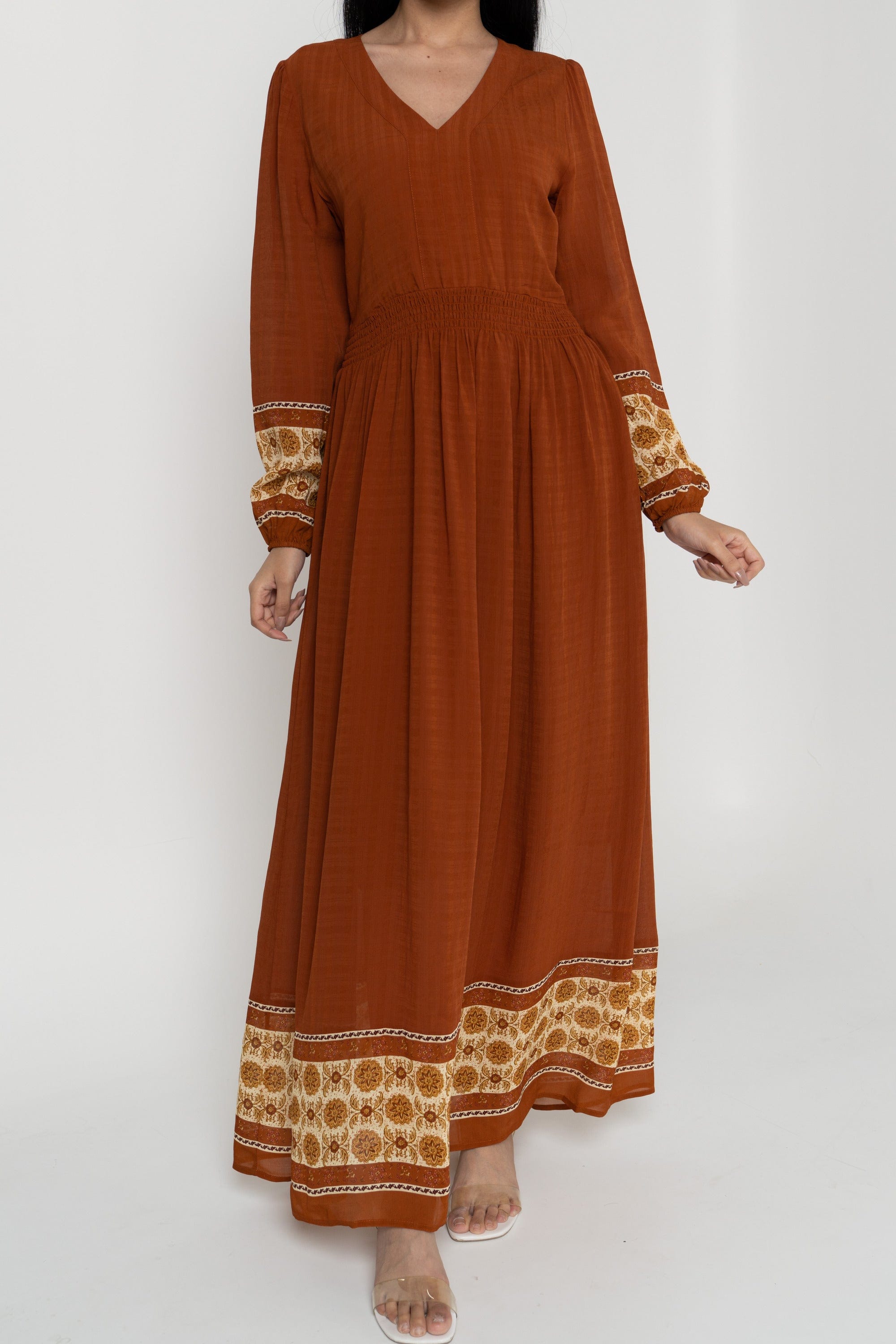 داليدرس فستان طويل كم طويل منقوش بف نسائي متعدد الألوان