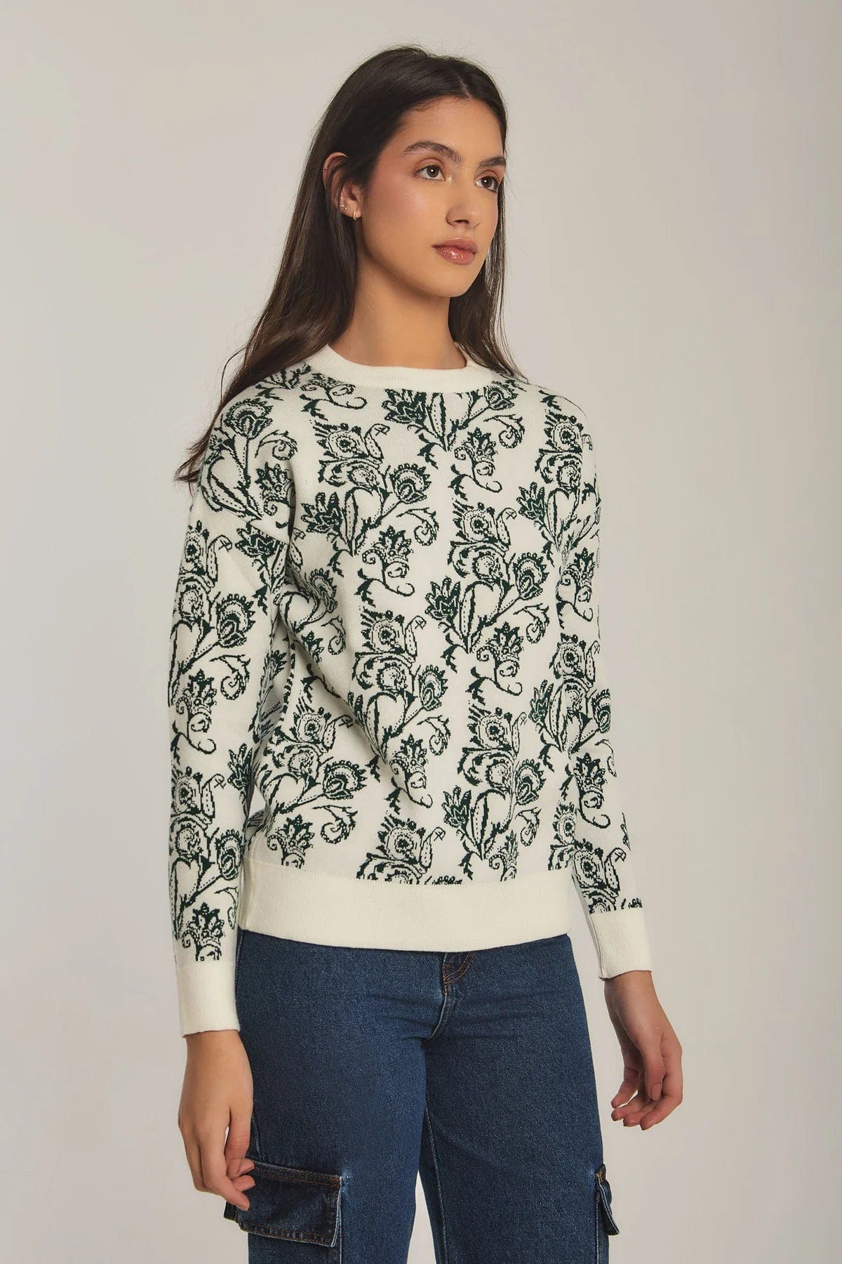 داليدرس بلوفر نسائي مشجر برقبة دائرية جاكار أخضر