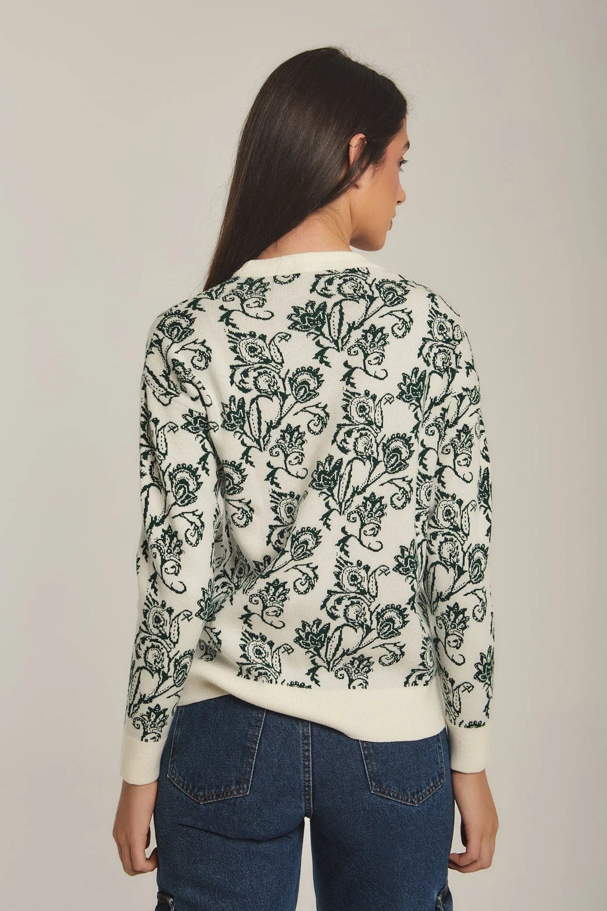 داليدرس بلوفر نسائي مشجر برقبة دائرية جاكار أخضر