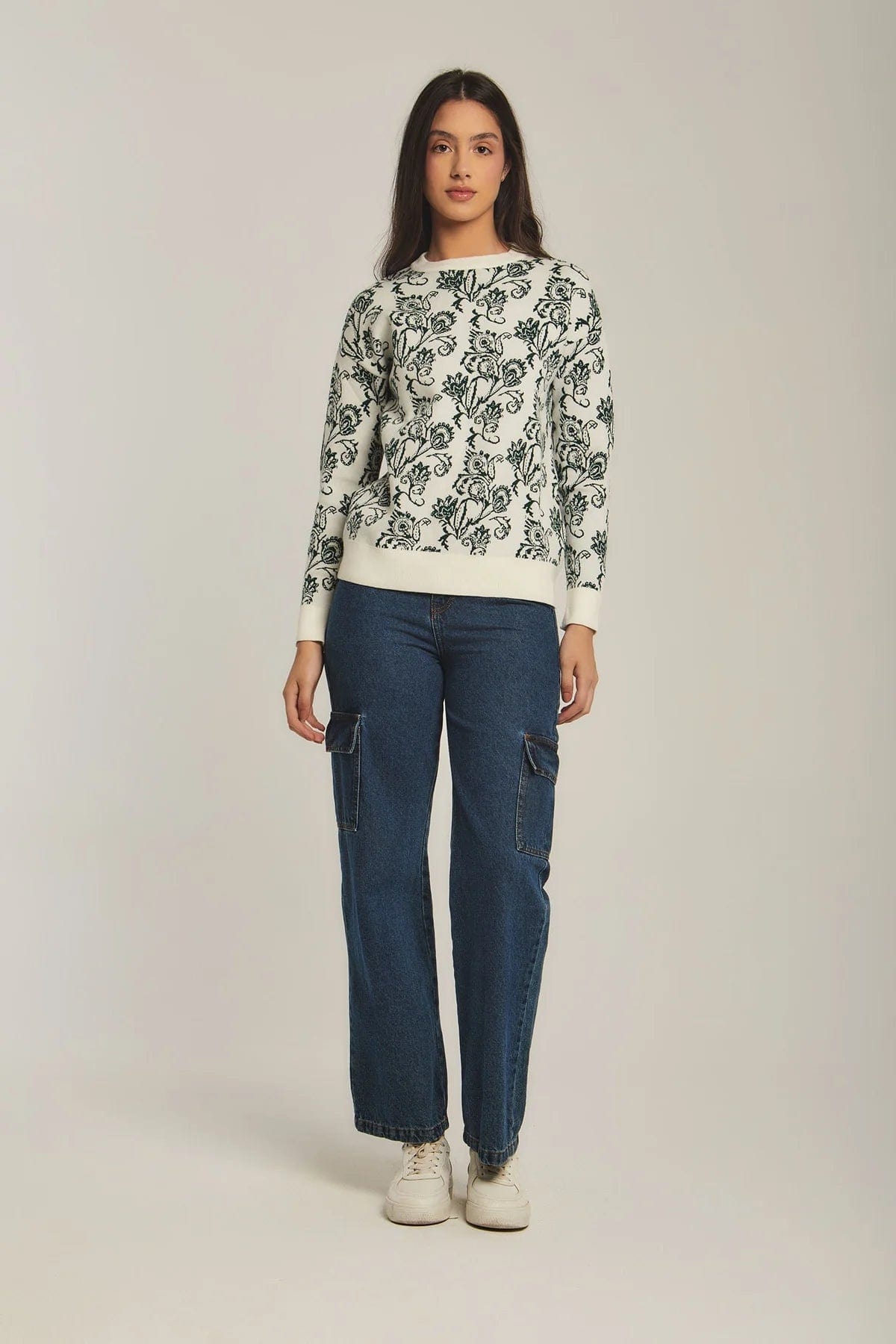 داليدرس بلوفر نسائي مشجر برقبة دائرية جاكار أخضر