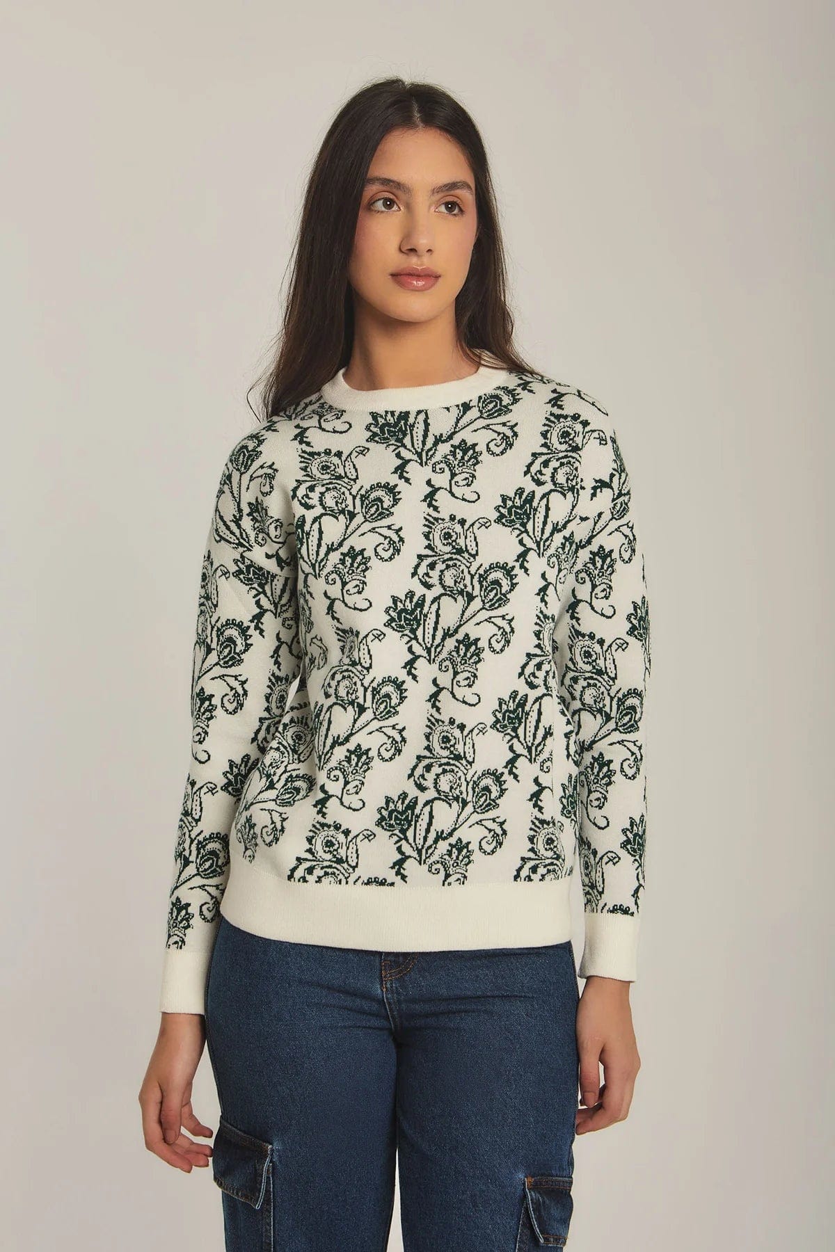 داليدرس بلوفر نسائي مشجر برقبة دائرية جاكار أخضر