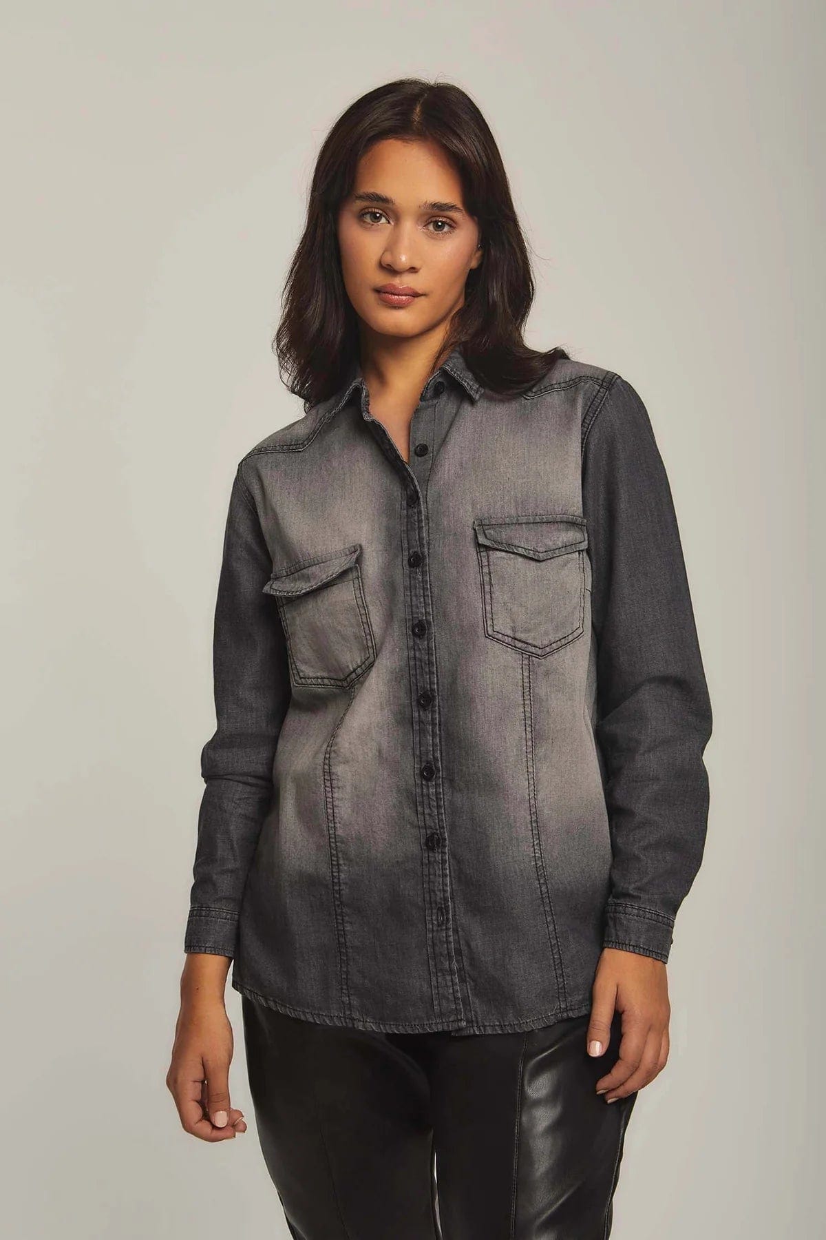 داليدرس بلوزة نسائي جينز بأزرار أمامية كم طويل رمادي شفاف