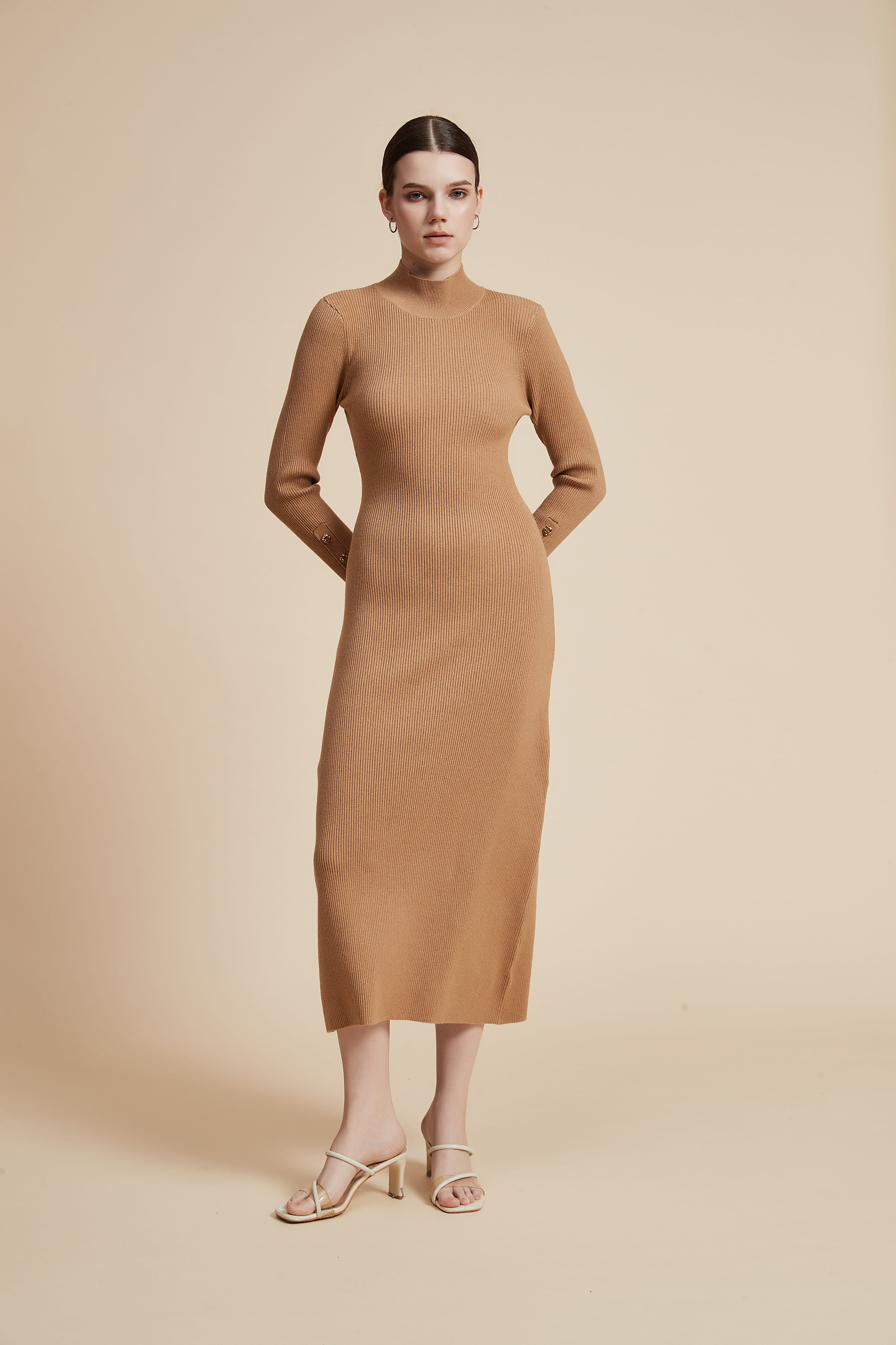 Shop Brown Plain Midi Long-Sleeve Dress - Casual Bodycon