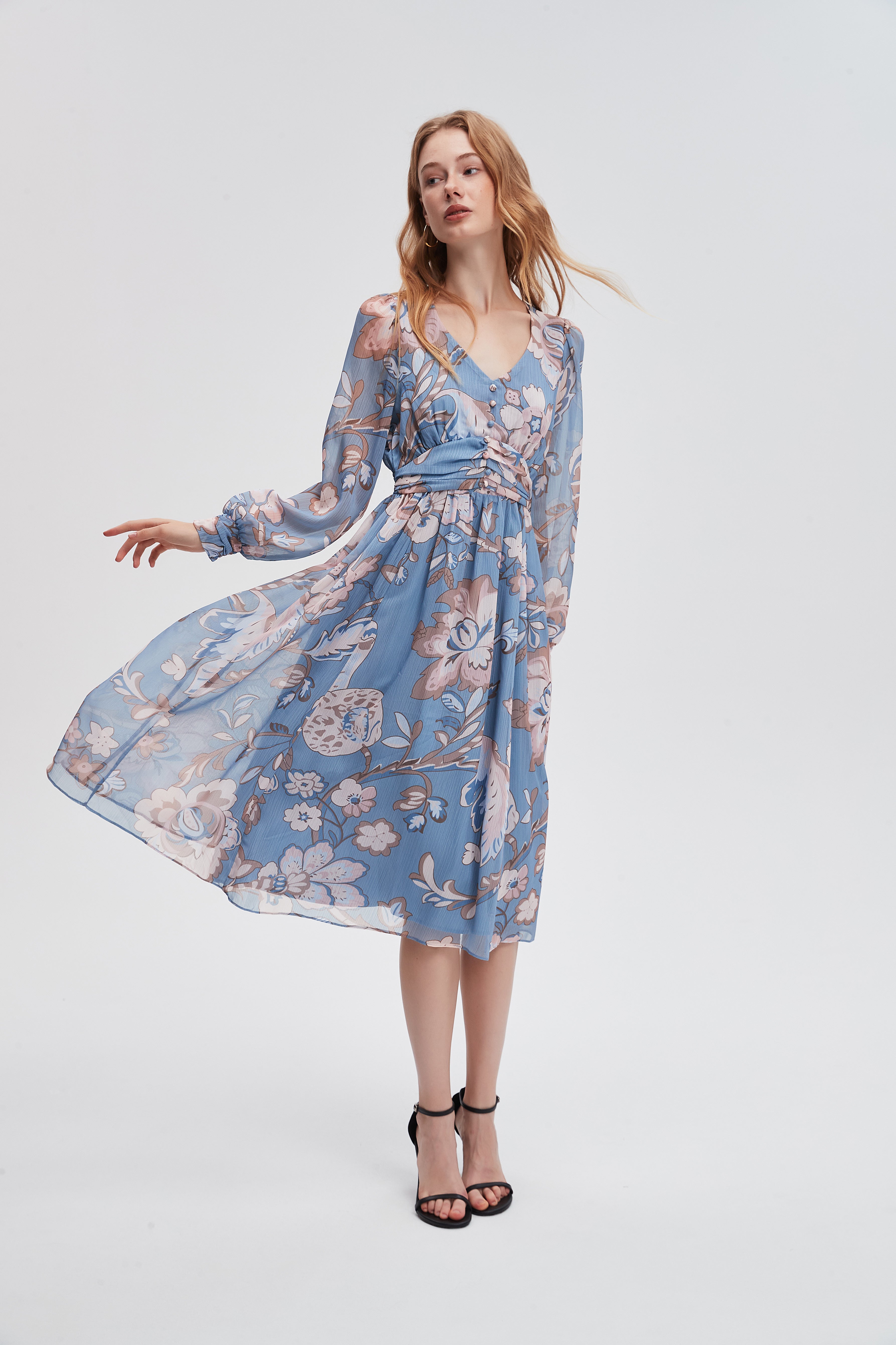 Shop Blue Floral Midi Belted Dress - A-Line Spring Casual