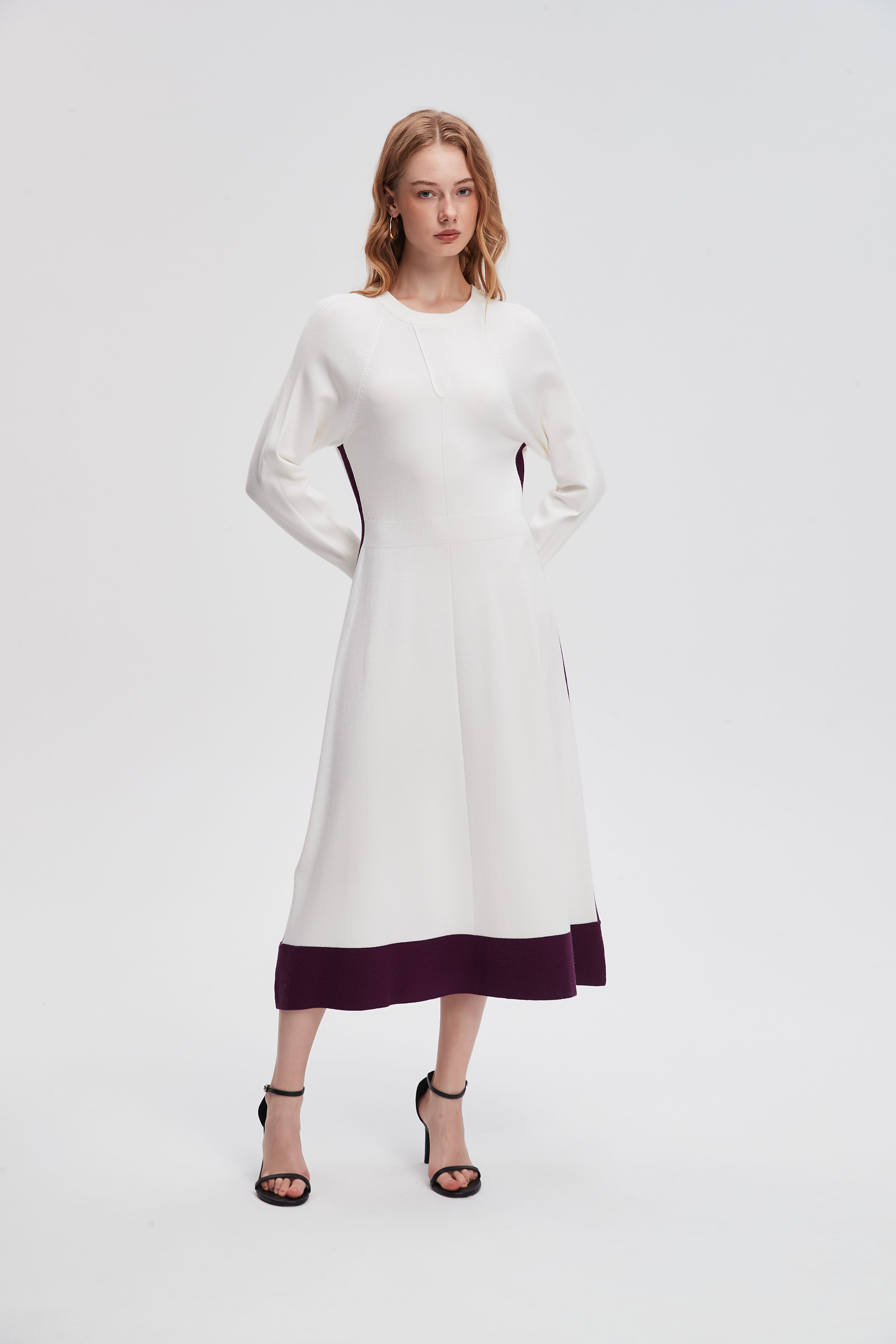 Shop White Solid Midi Long-Sleeve Dress - Casual A-Line