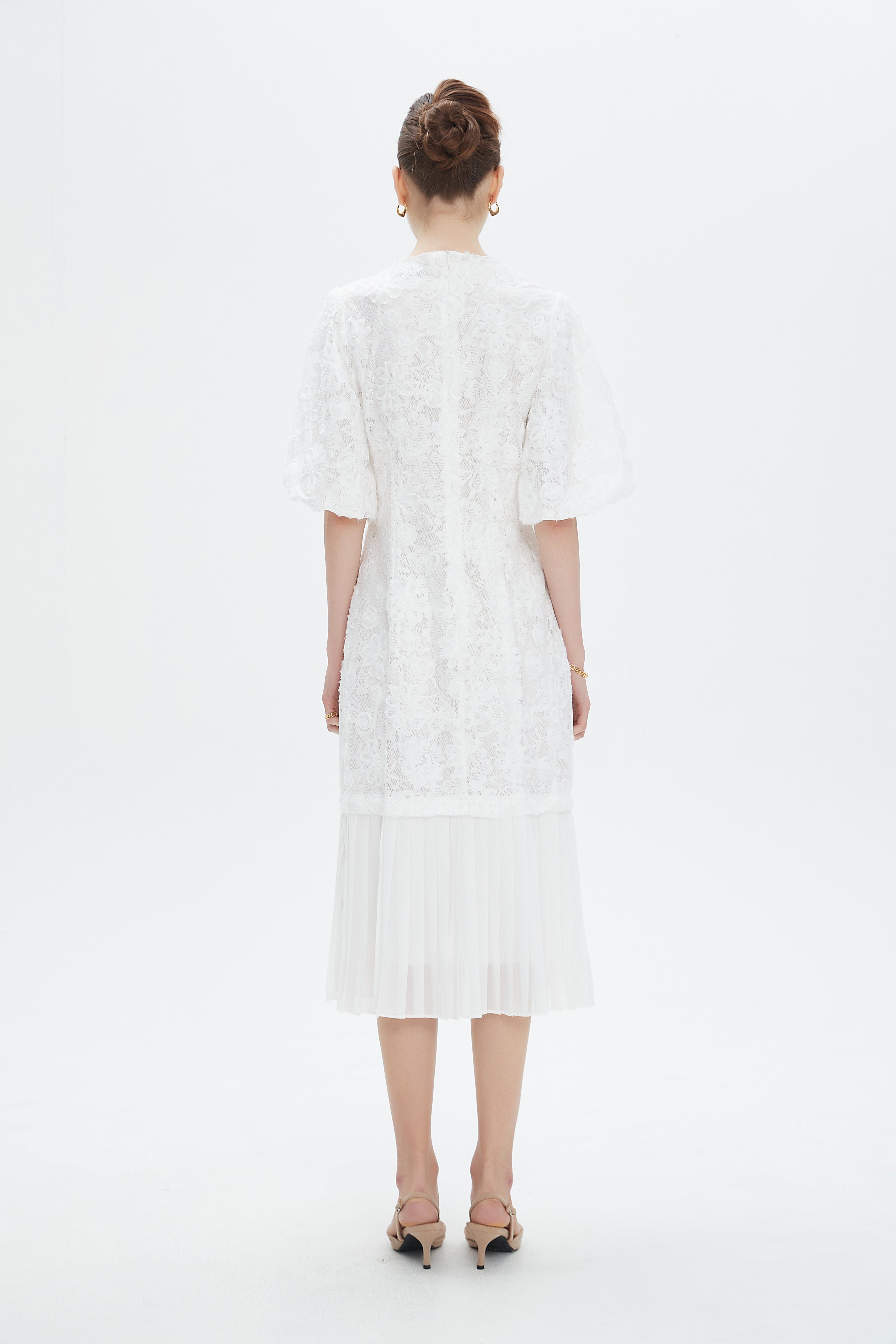 نتشي فستان ميدي مخصر بليسيه من أسفل نص كم بف نسائي