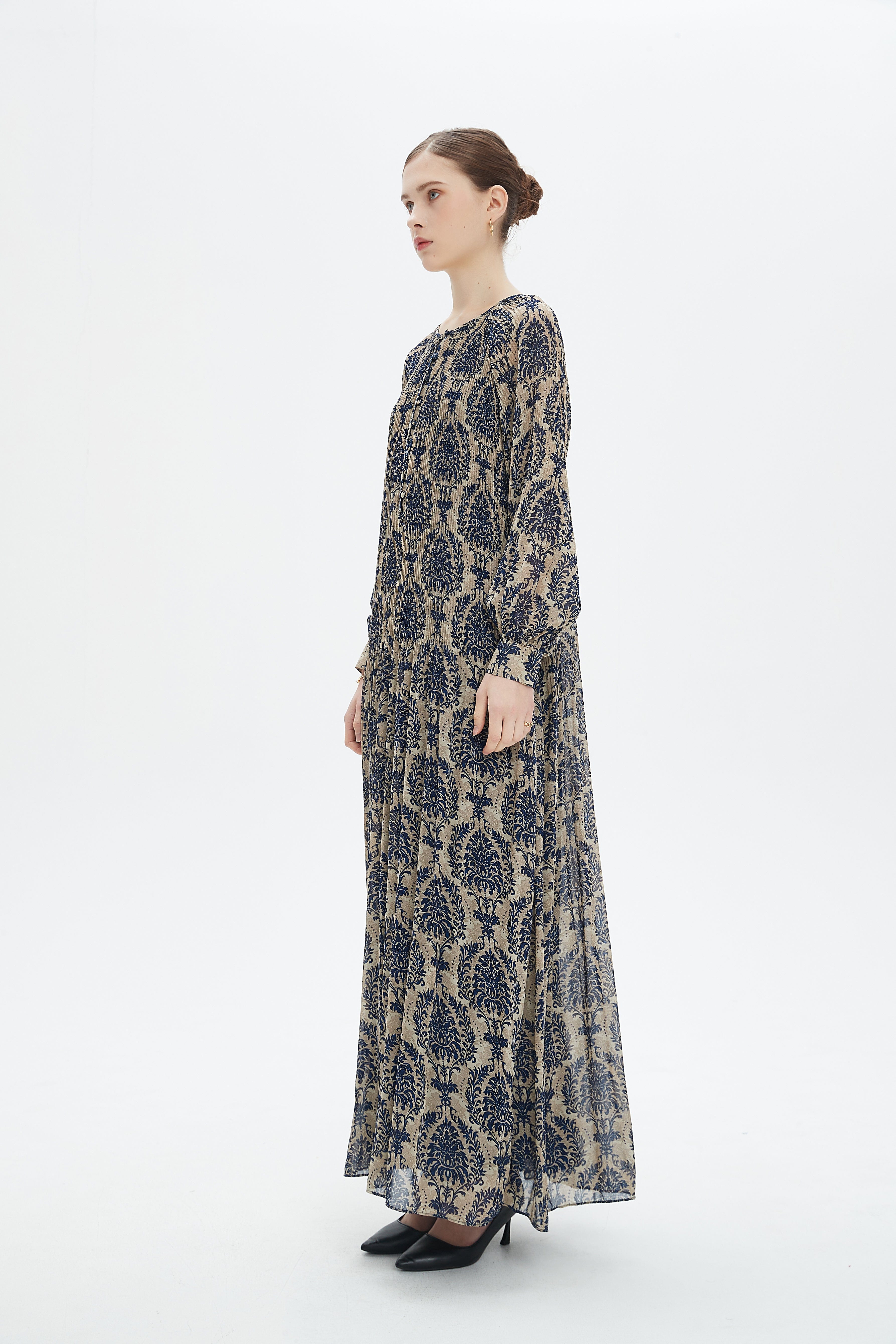 نتشي فستان طويل منقوش كم طويل بف نسائي