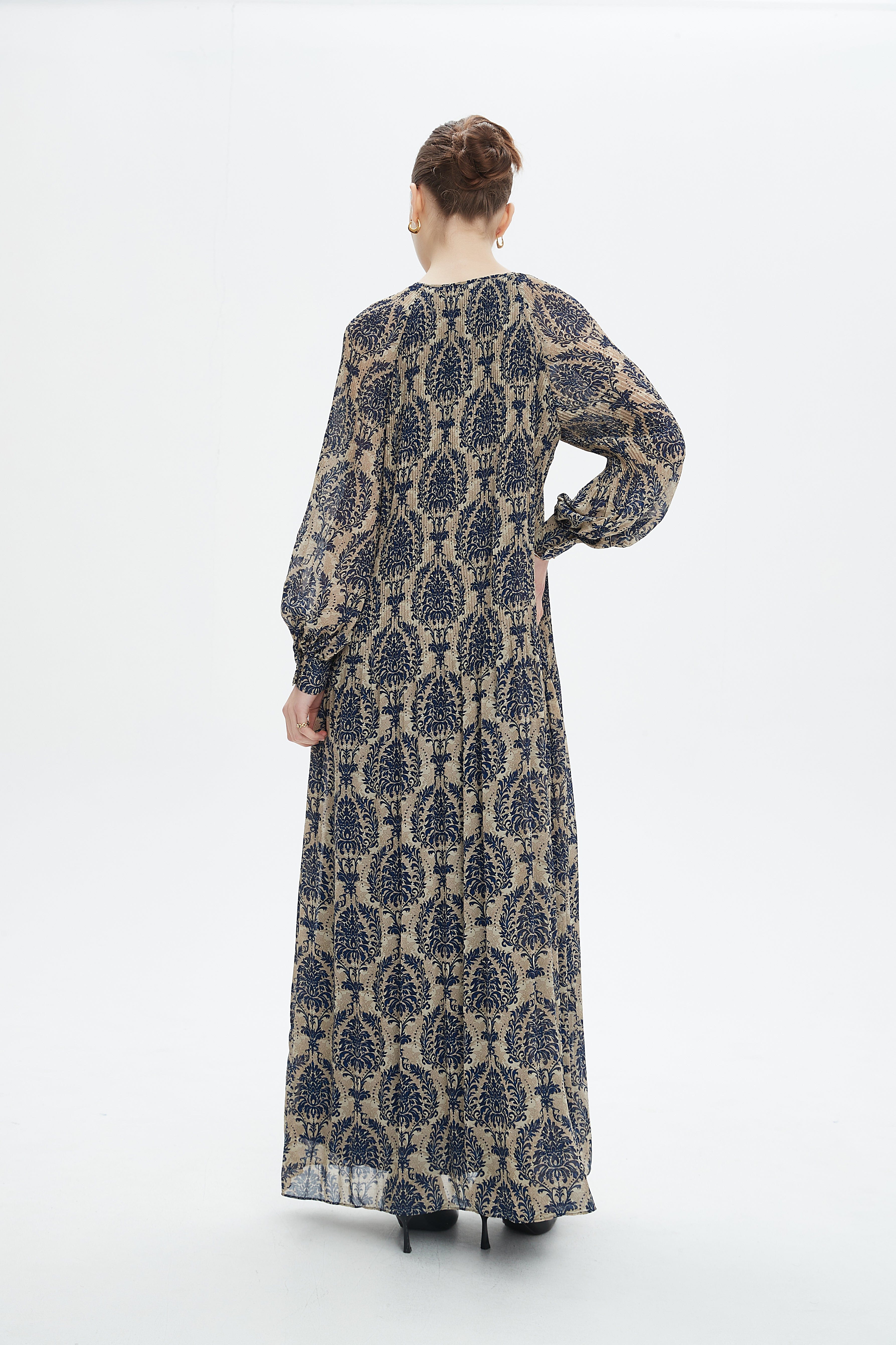 نتشي فستان طويل منقوش كم طويل بف نسائي