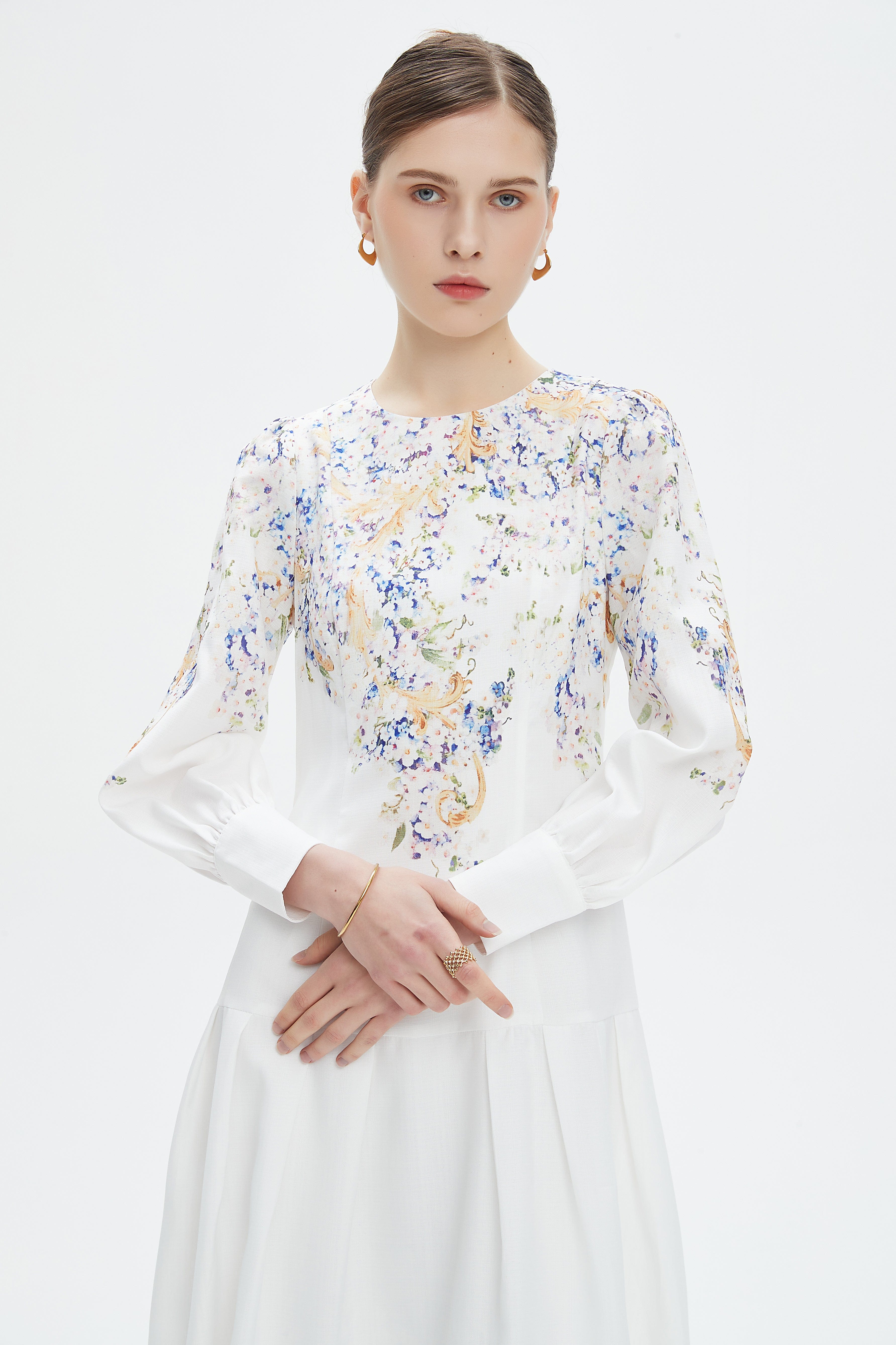 نتشي فستان ميدي بأكمام طويلة مخصر مزين بورود نسائي