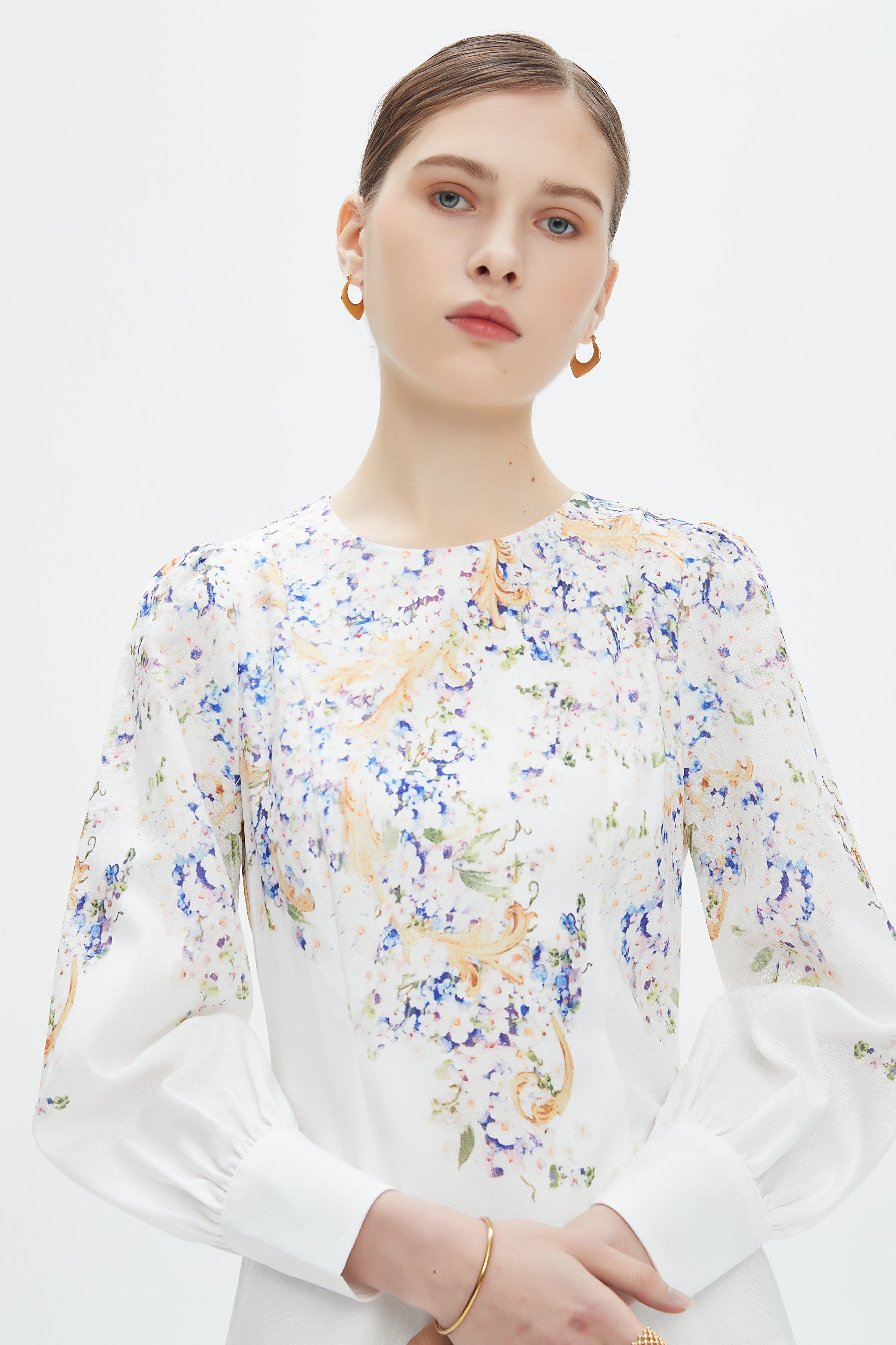 نتشي فستان ميدي بأكمام طويلة مخصر مزين بورود نسائي